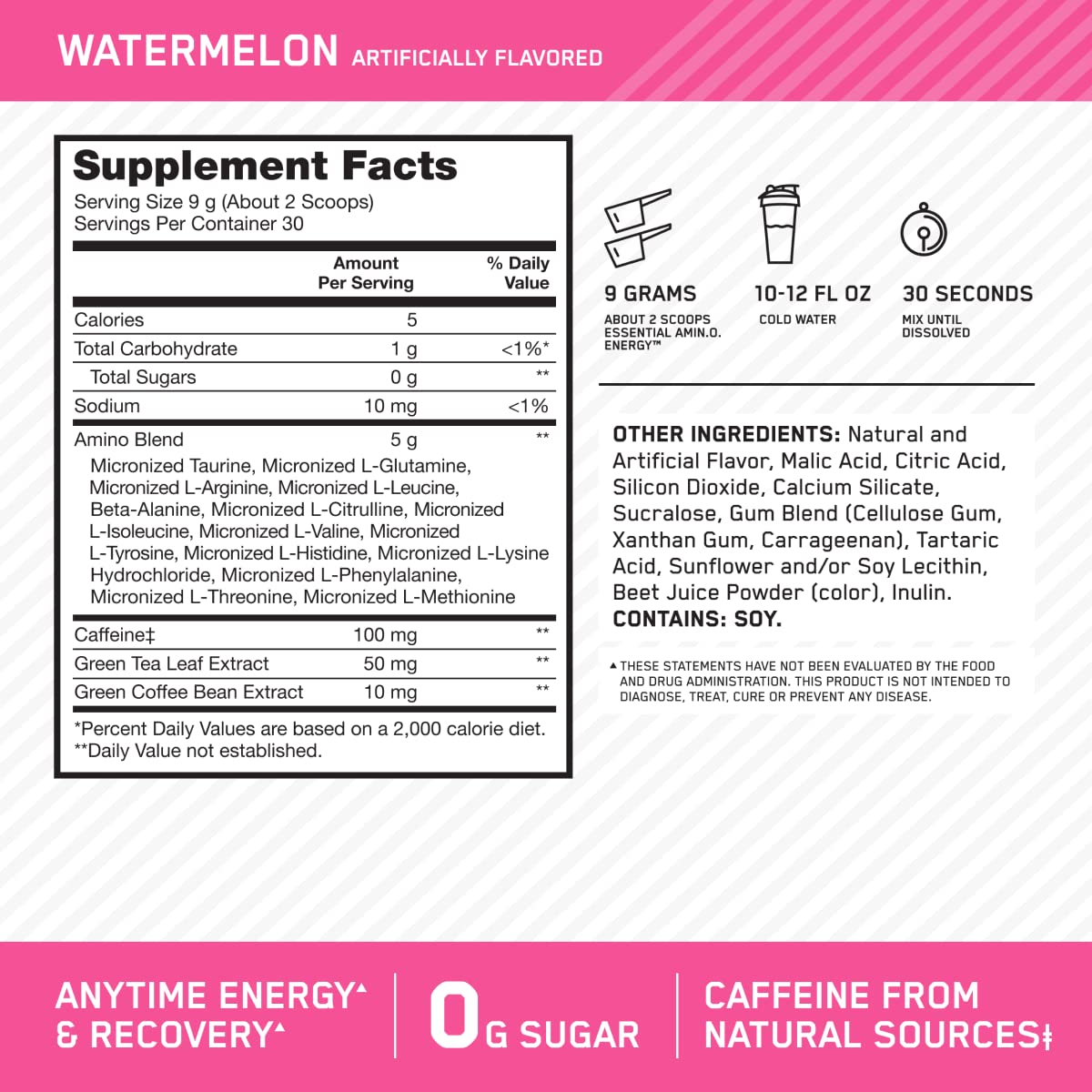 Optimum Nutrition Amin.O. Energy 270g side view showing the label