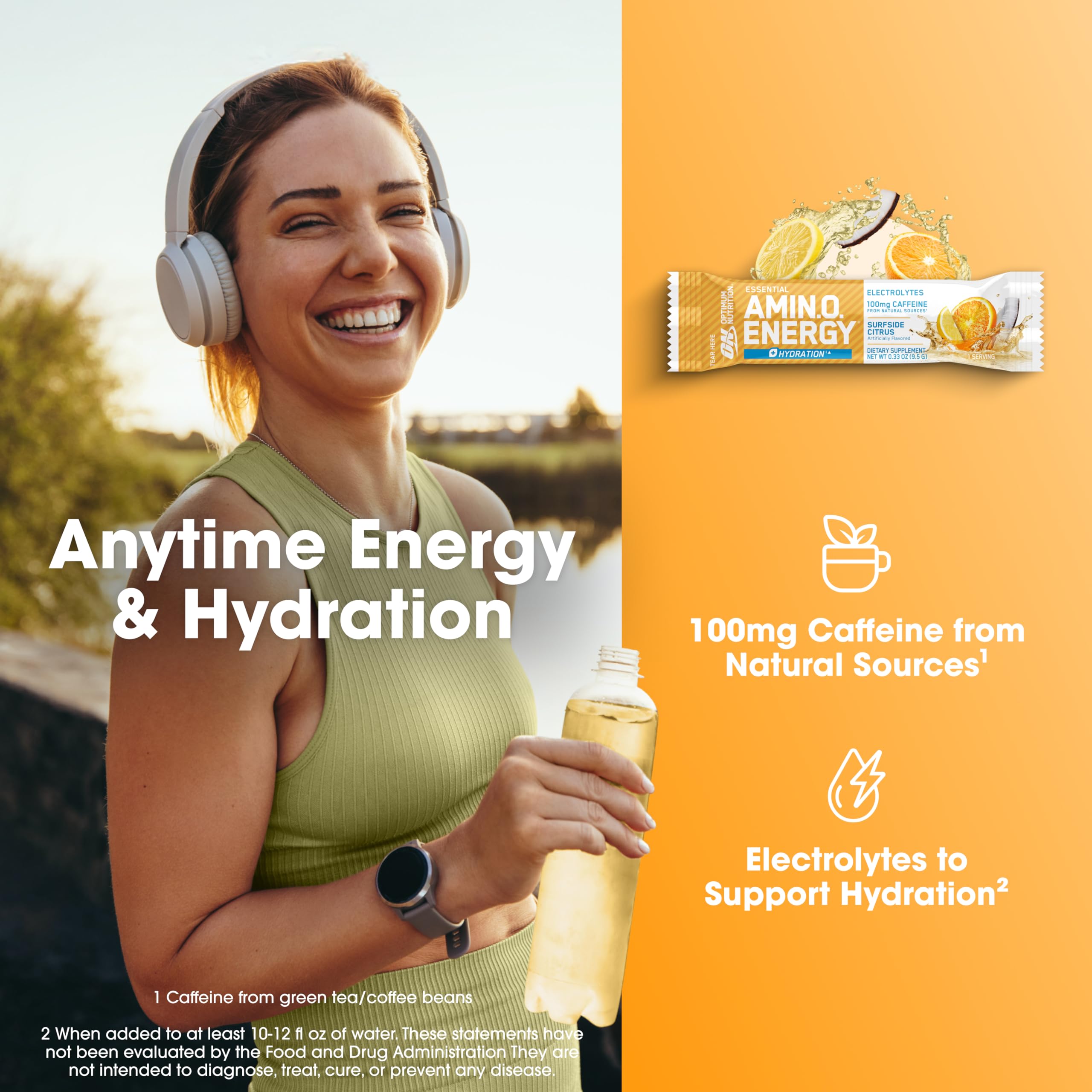 Optimum Nutrition AMIN.O. ENERGY + Electrolytes Stick Pack opened with powder