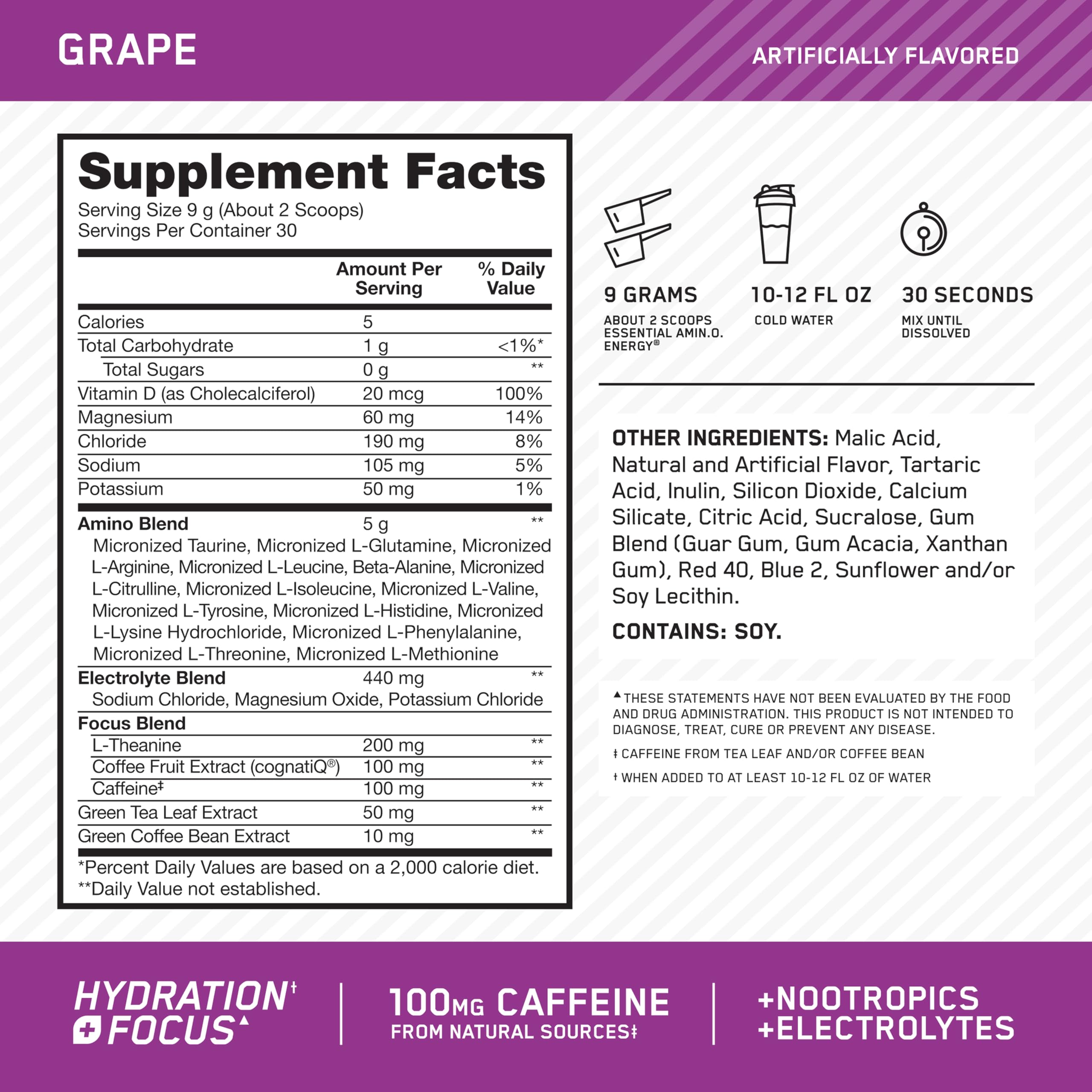 Optimum Nutrition Amin.O. Energy Hydration + Focus 270g packaging