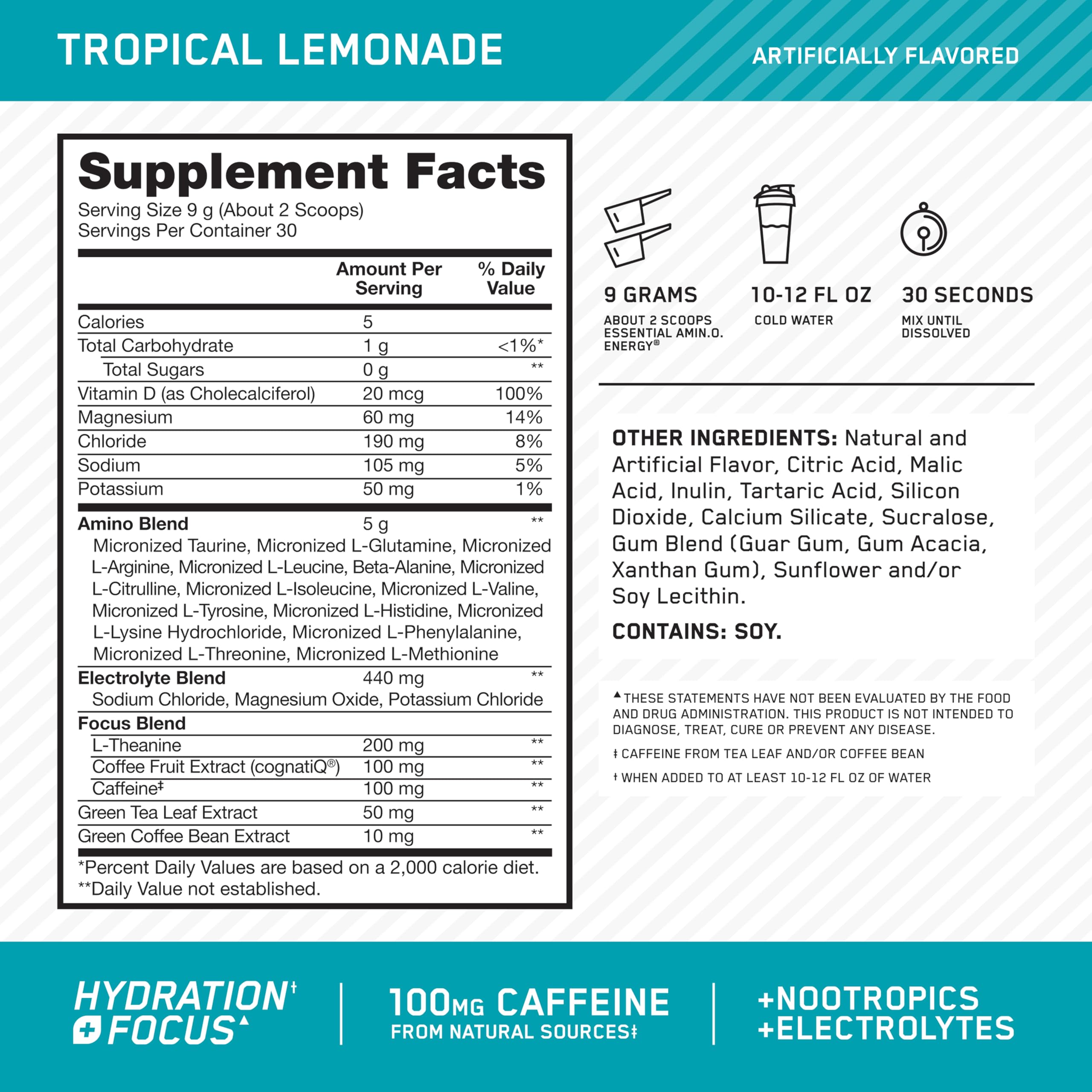 Optimum Nutrition Amin.O. Energy Hydration + Focus side view with scoop
