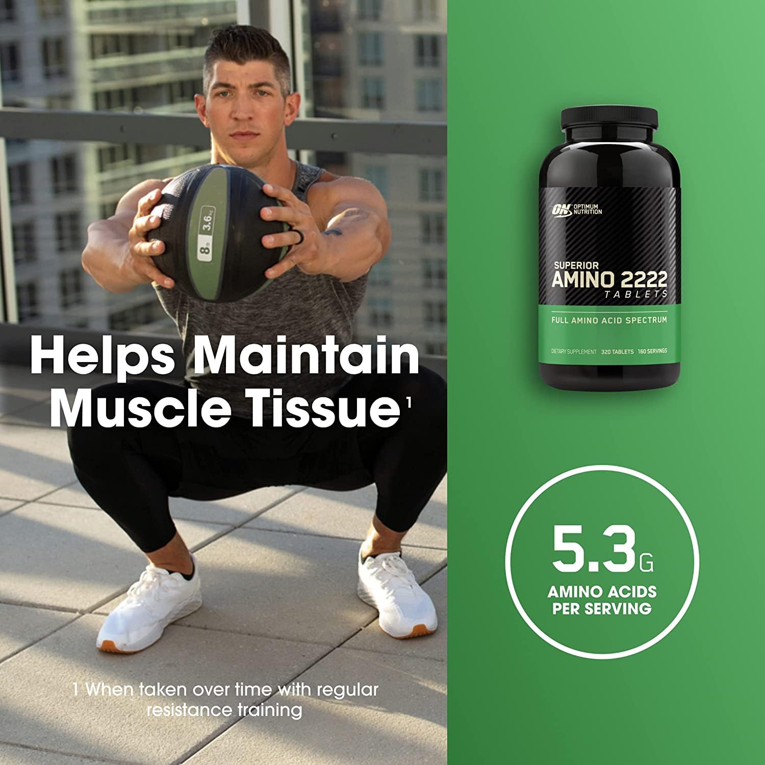 Optimum Nutrition Amino 2222 tablets back view with ingredient list