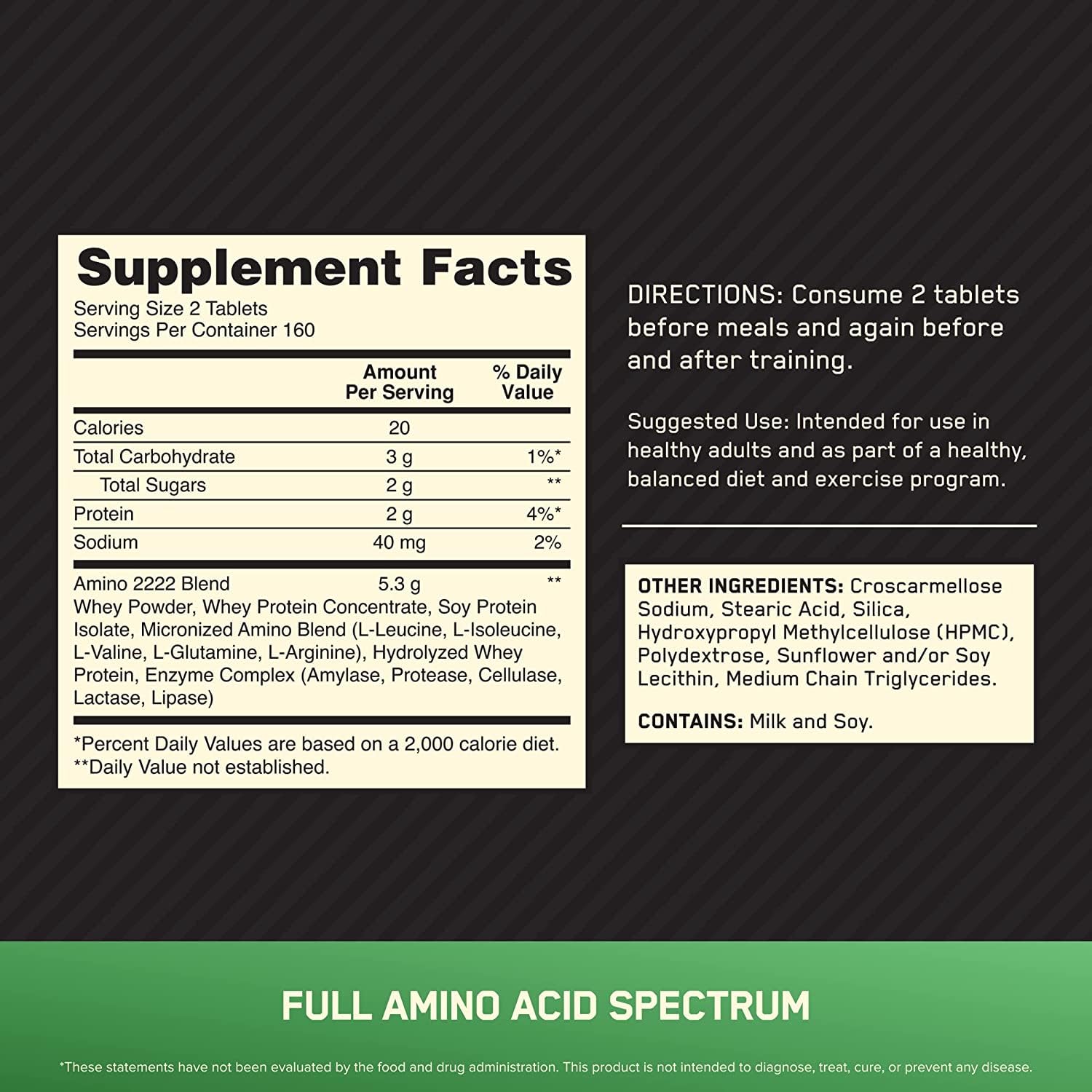 Optimum Nutrition Amino 2222 tablets side view showing dosage