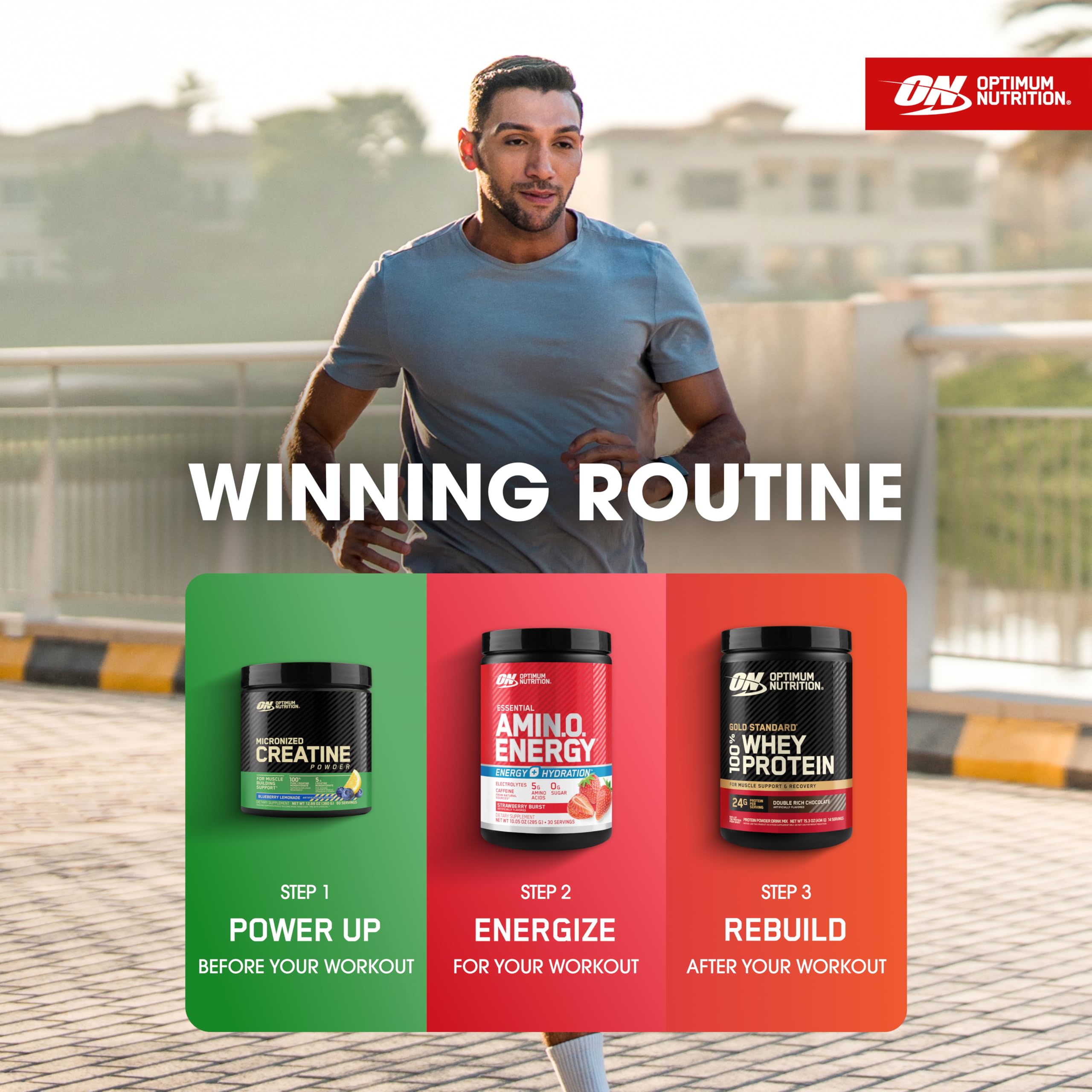Optimum Nutrition Amino Energy + Electrolytes Stick Packs in a gym setting