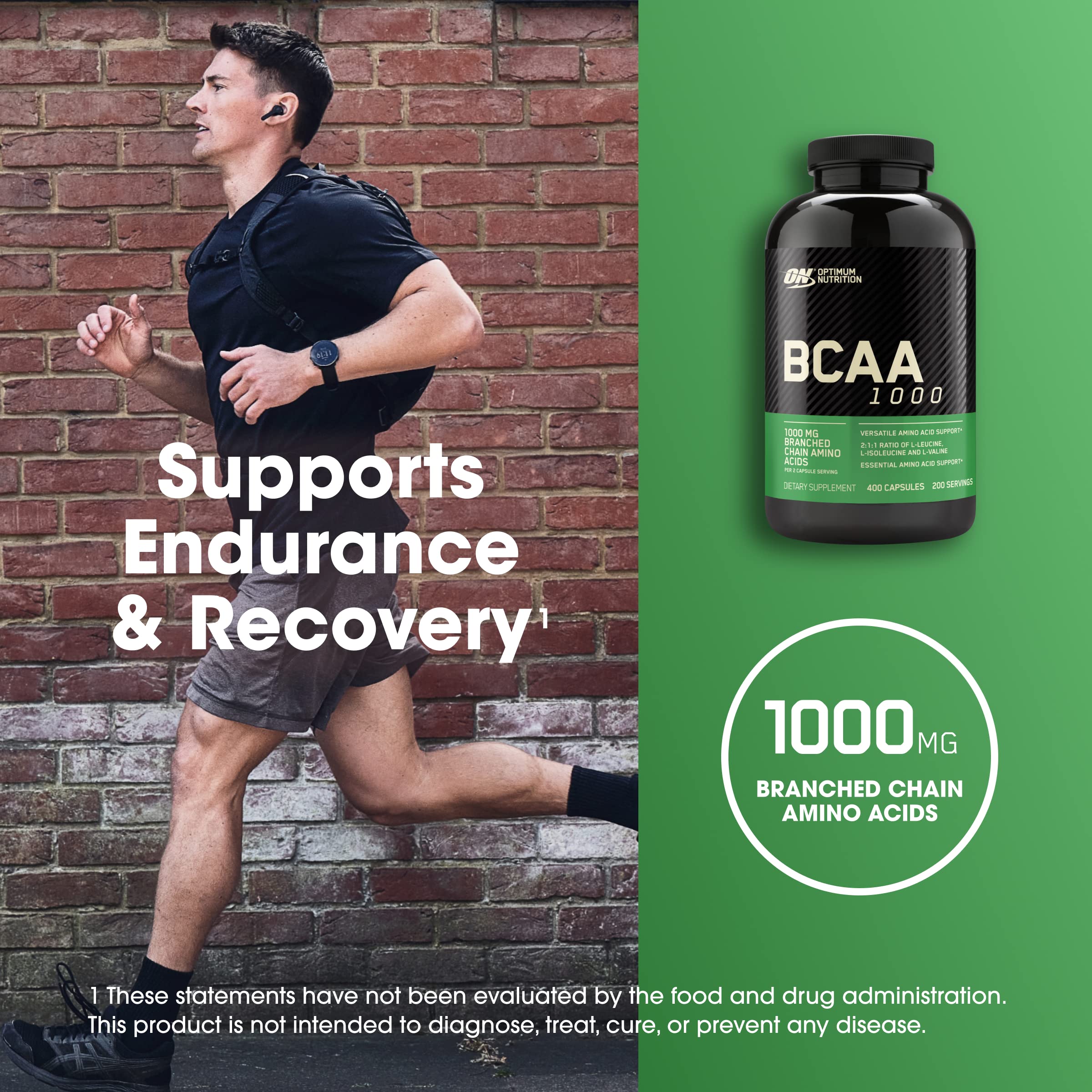 Optimum Nutrition BCAA Essential Amino Acids Capsules on a gym bench