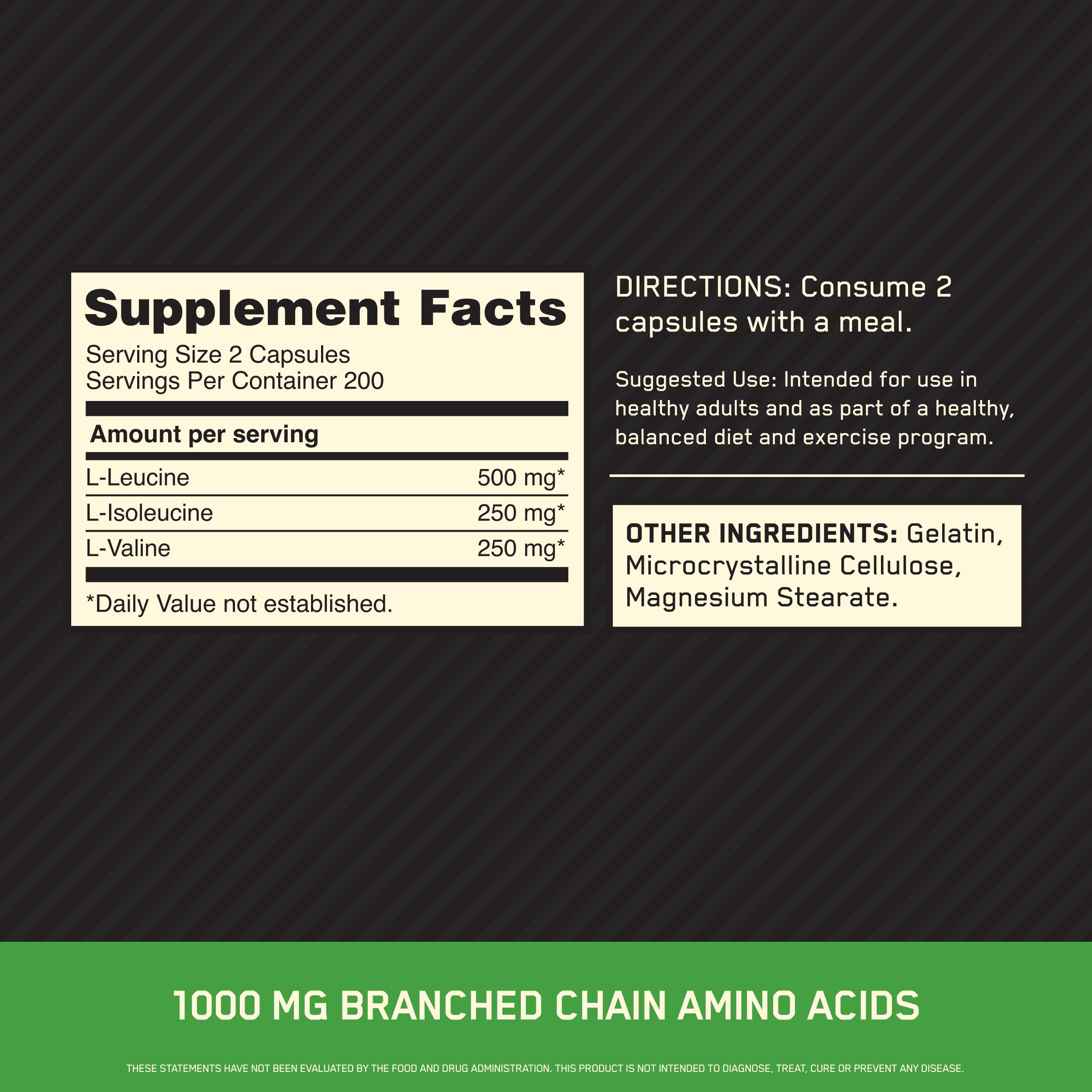 Optimum Nutrition BCAA Essential Amino Acids Capsules side view