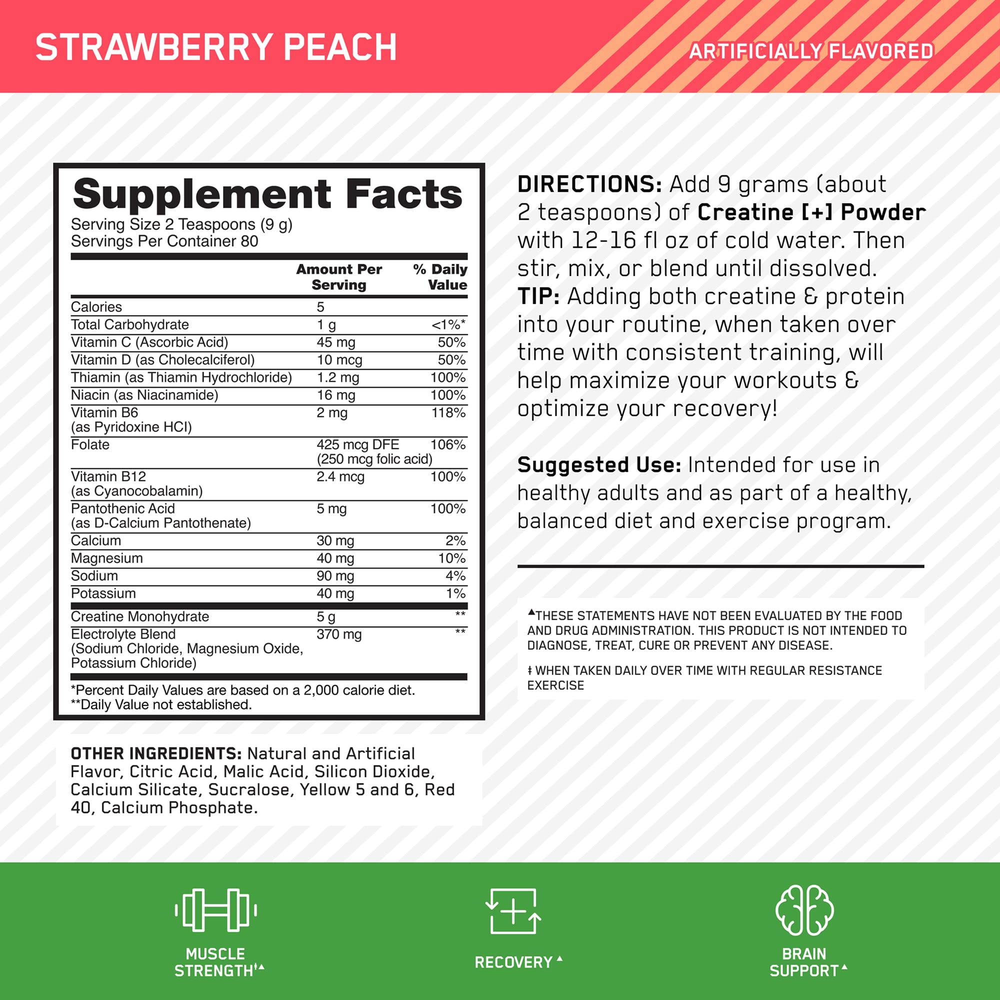Optimum Nutrition Creatine [+] 720g Strawberry Peach nutritional information