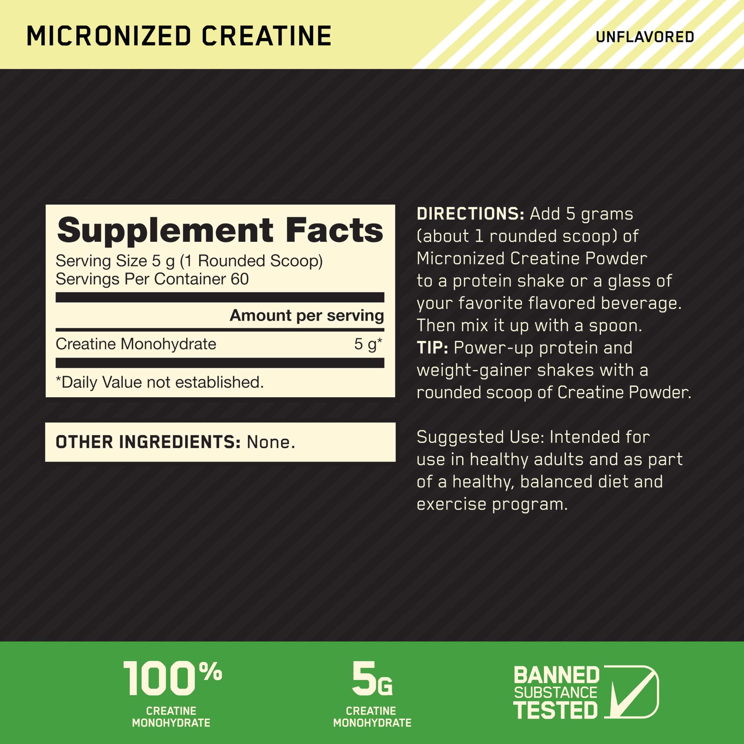 Optimum Nutrition Creatine Monohydrate 300g powder back view with nutritional information