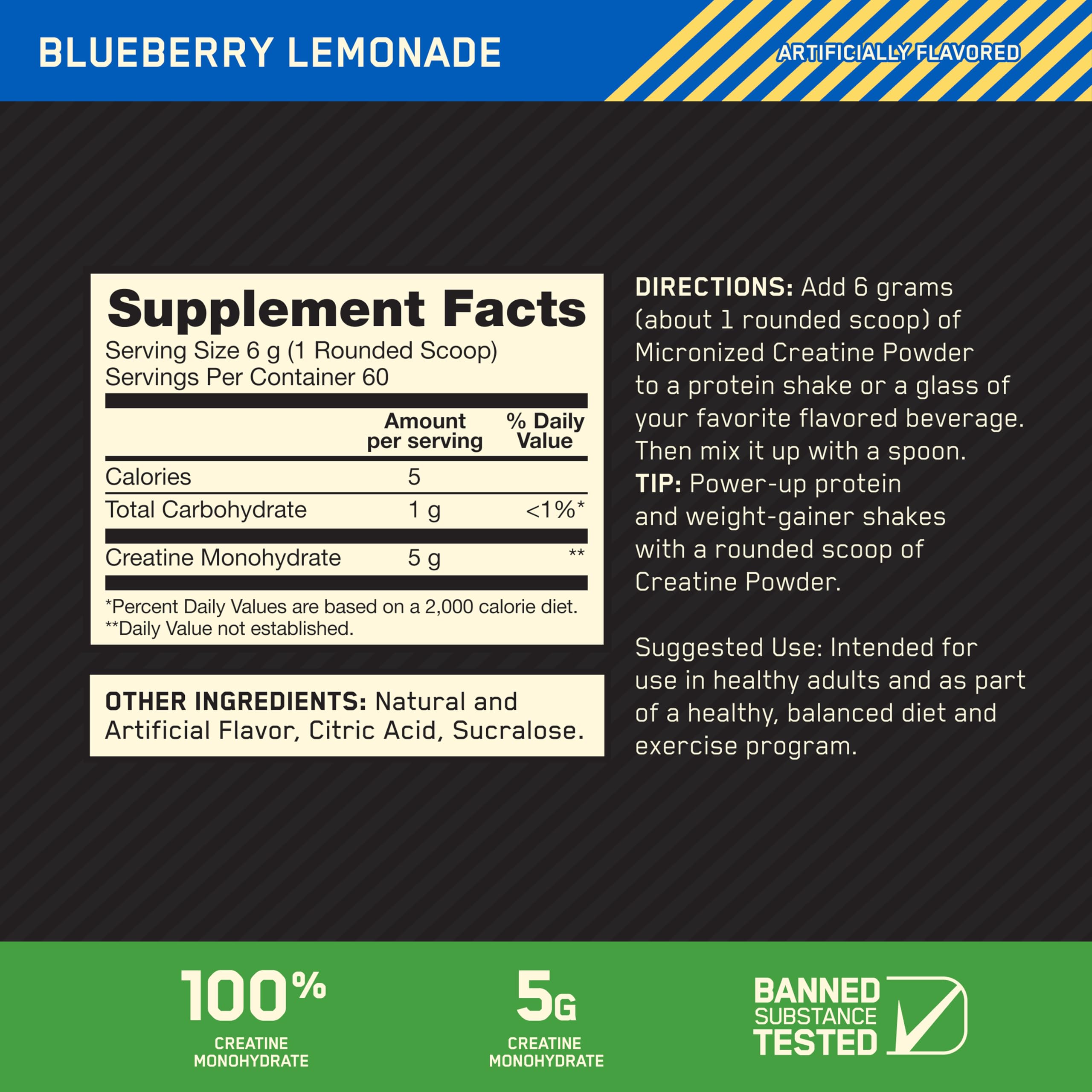 Optimum Nutrition Creatine Monohydrate 360g Blueberry Lemonade packaging