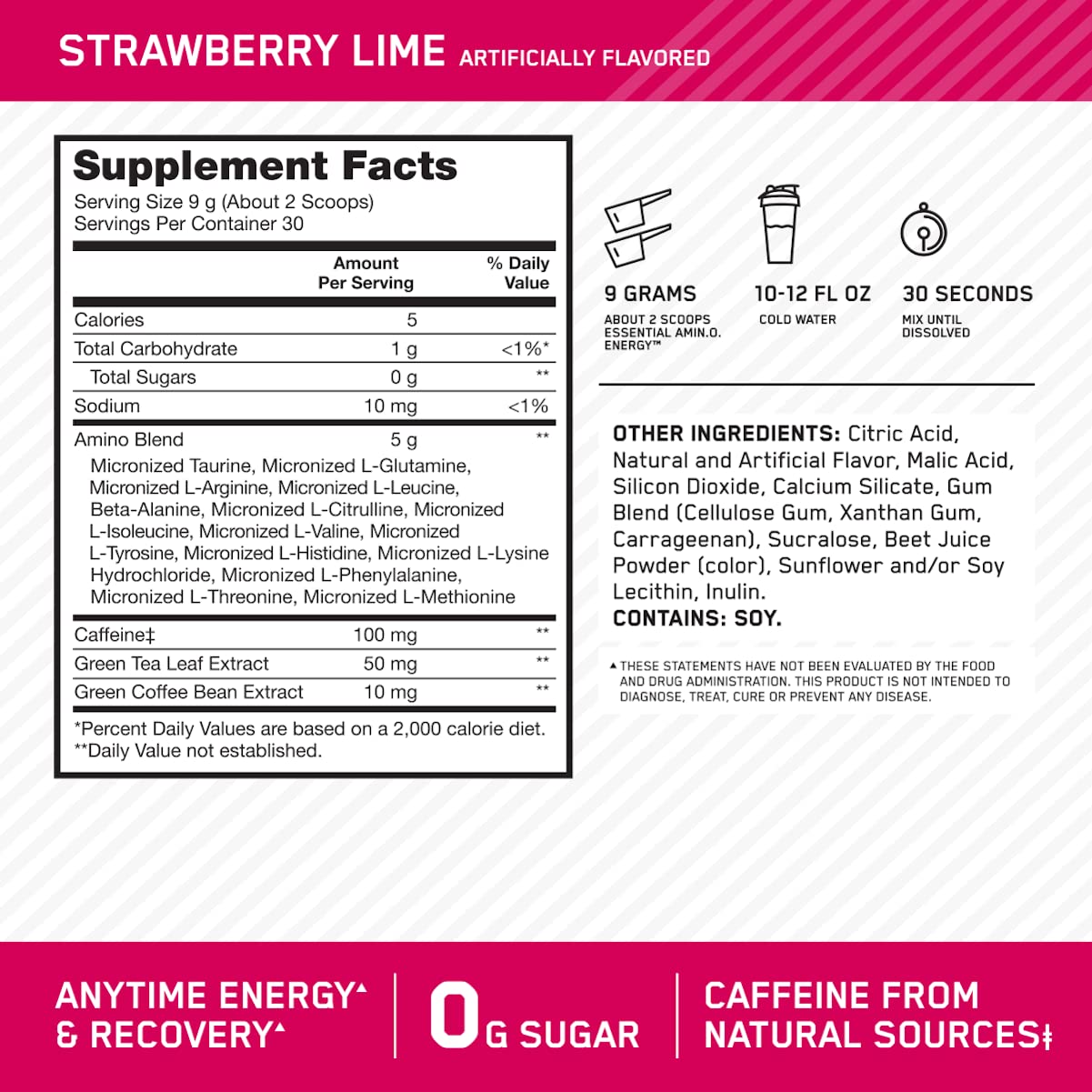 Optimum Nutrition Essential AMIN.O. ENERGY 270g back view