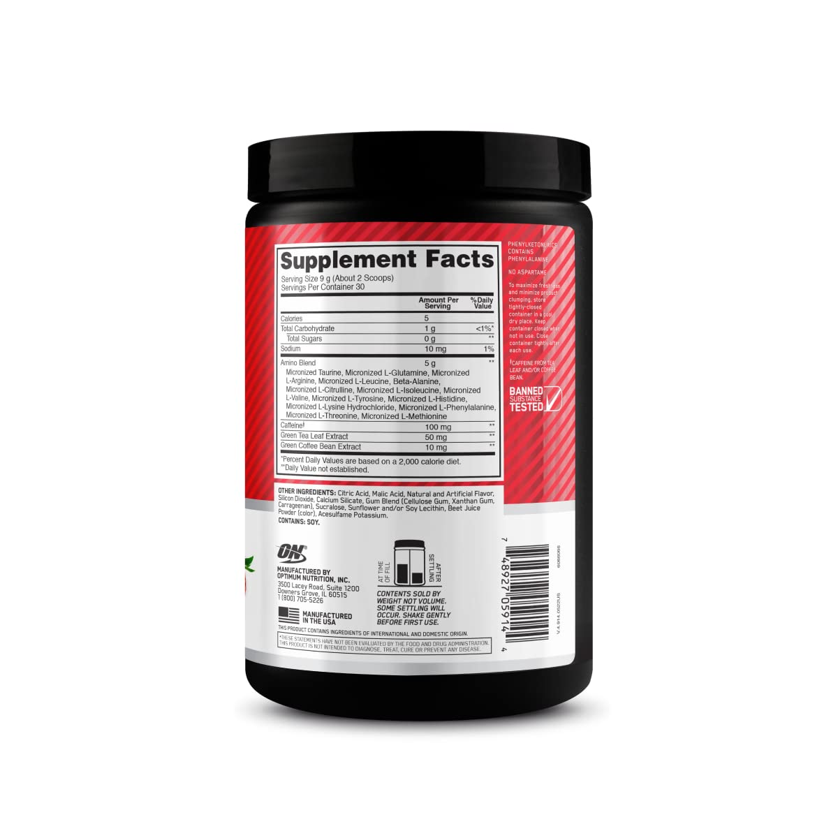 Optimum Nutrition Essential AMIN.O. ENERGY 270g on gym table