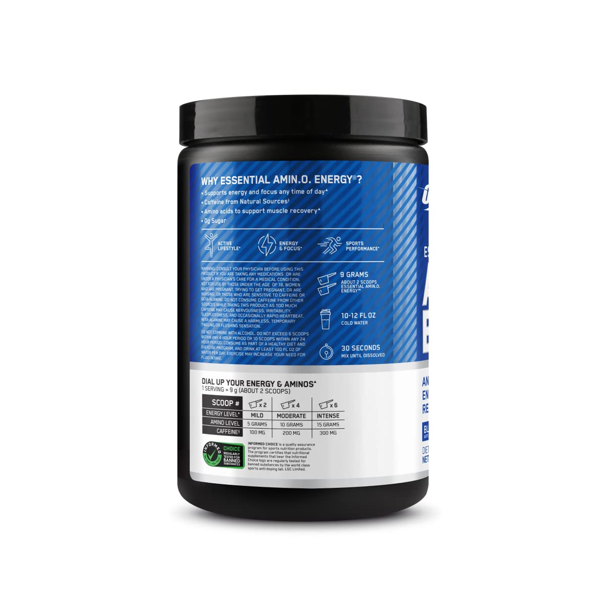 Optimum Nutrition Essential AMIN.O. Energy 320g side view with label