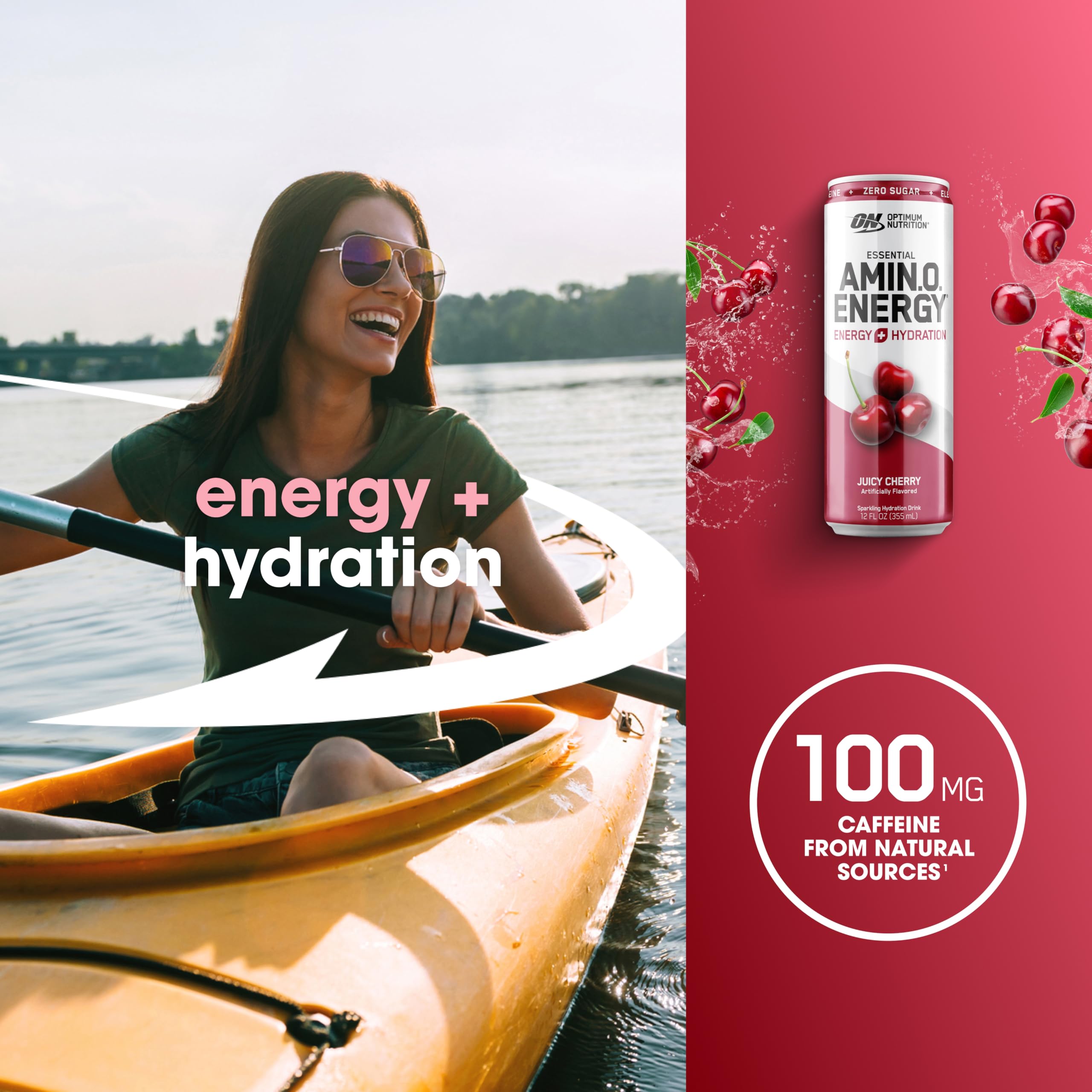 Optimum Nutrition Essential Amino Energy Sparkling Drink in a glass with ice