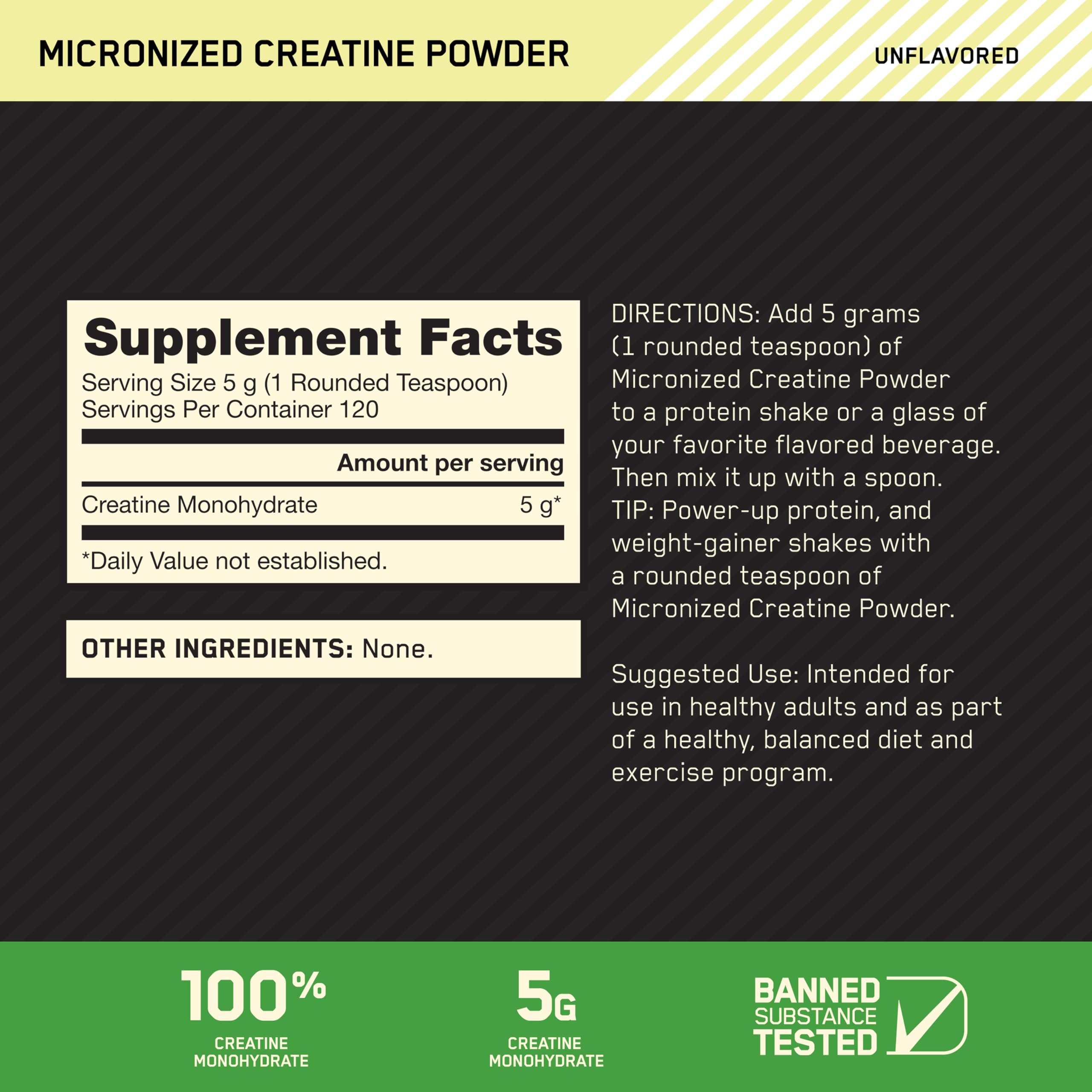Optimum Nutrition Micronized Creatine Powder 600g back view with nutritional information