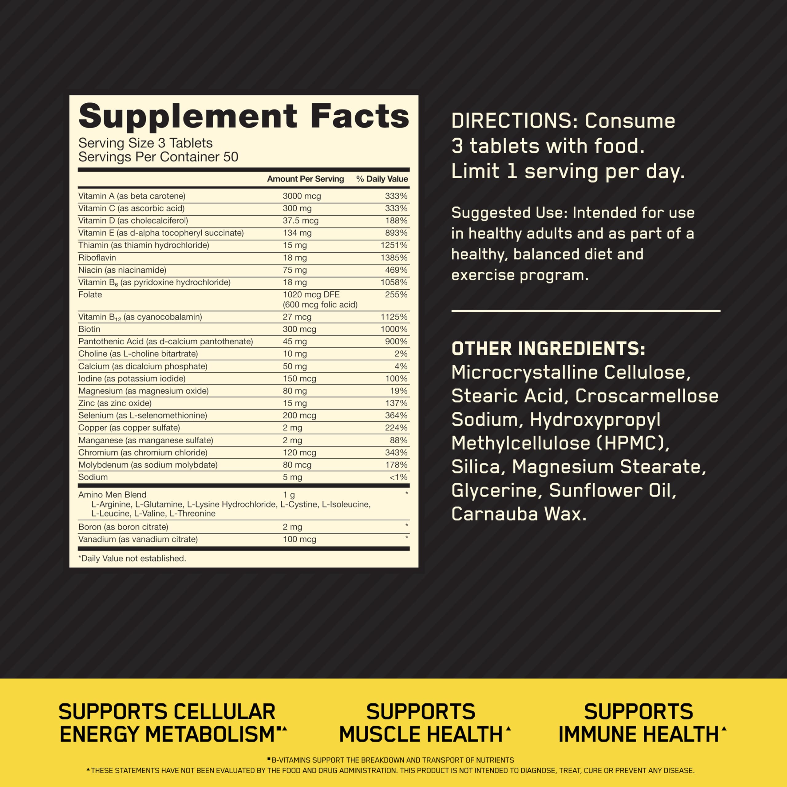 Optimum Nutrition Opti-Men Daily Multivitamin 150 tablets side view