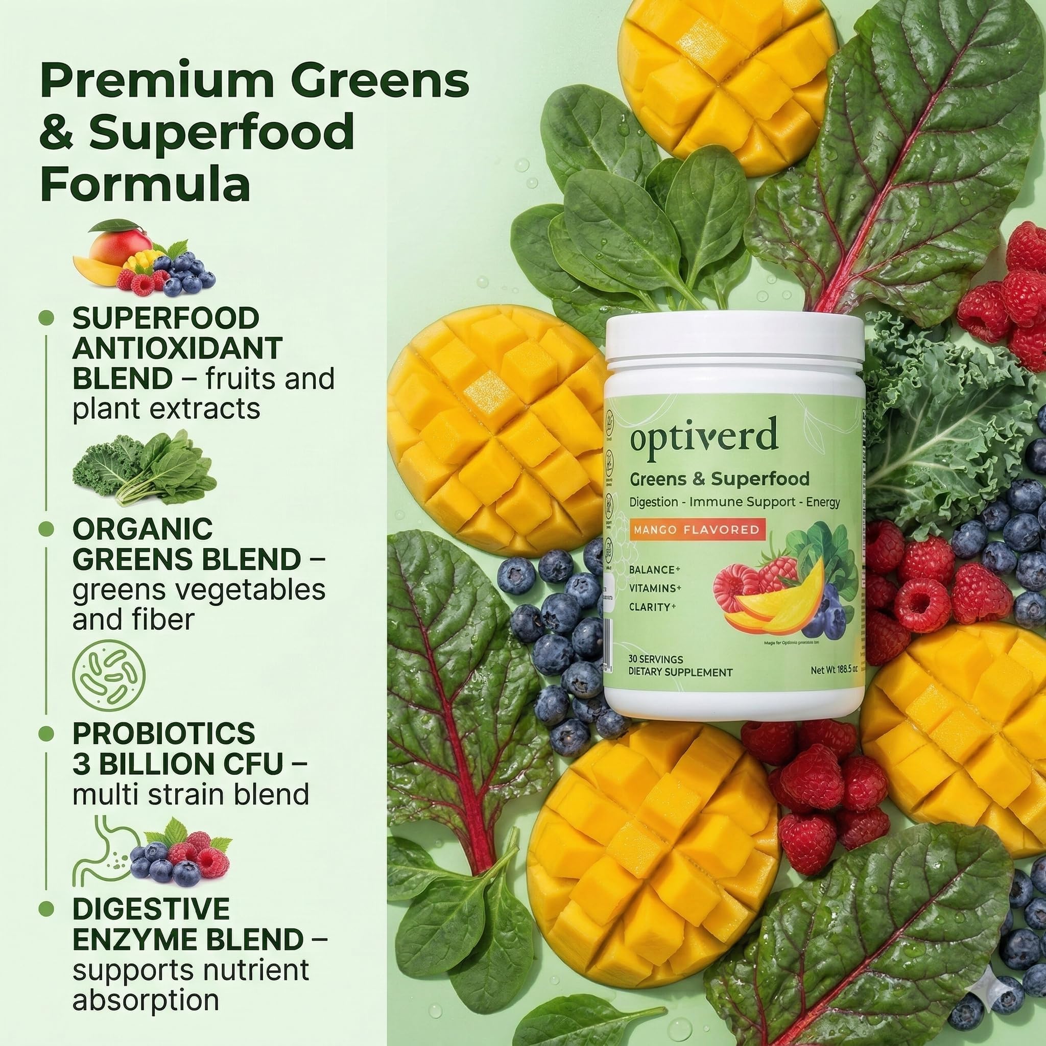 Optiverd Spirulina Superfood Powder 272g mango flavour scoop