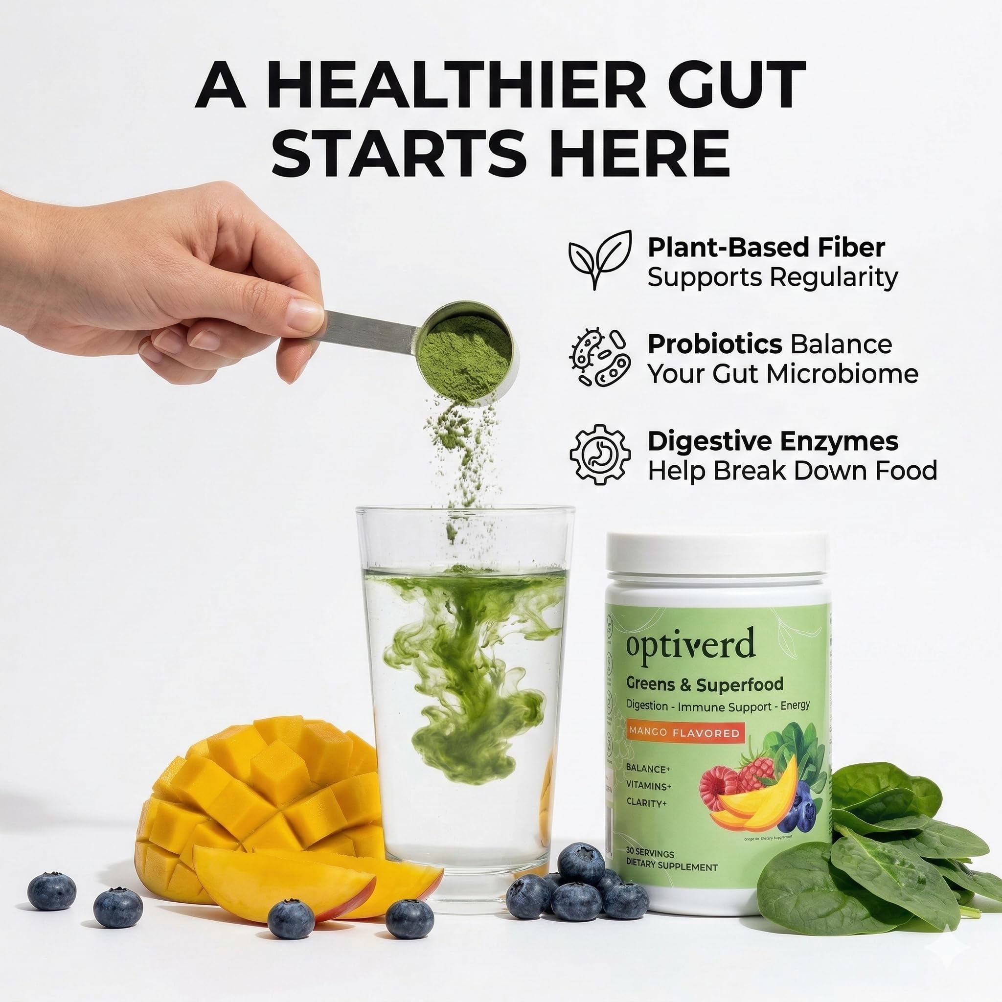 Optiverd Spirulina Superfood Powder 272g mixed in a smoothie