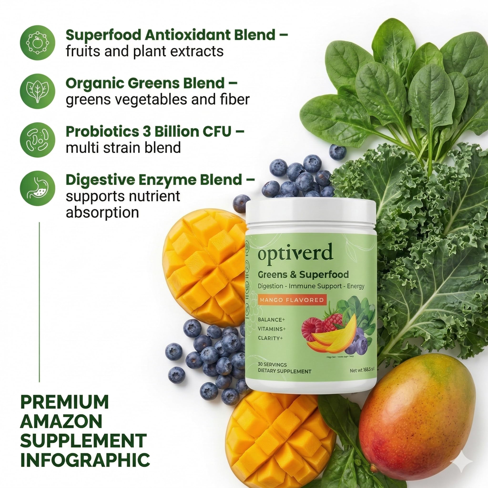 Optiverd Spirulina Superfood Powder 272g with fruits and berries