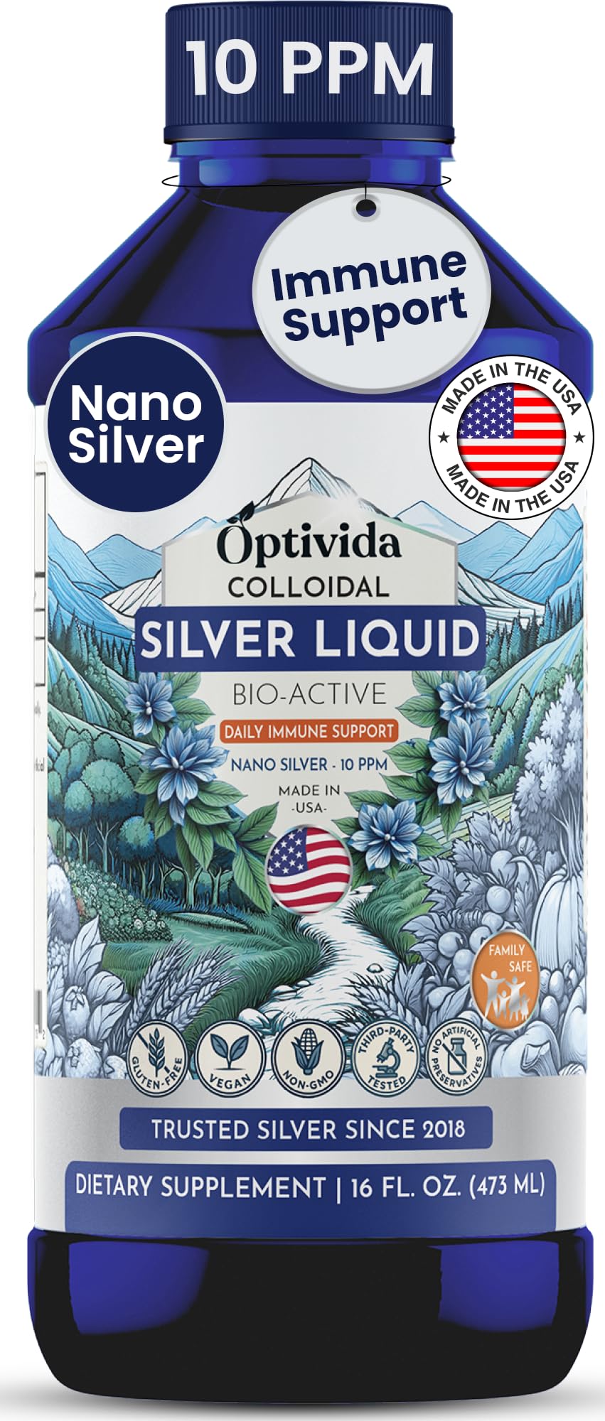 OPTIVIDA Colloidal Silver 10 ppm Liquid Supplement front view