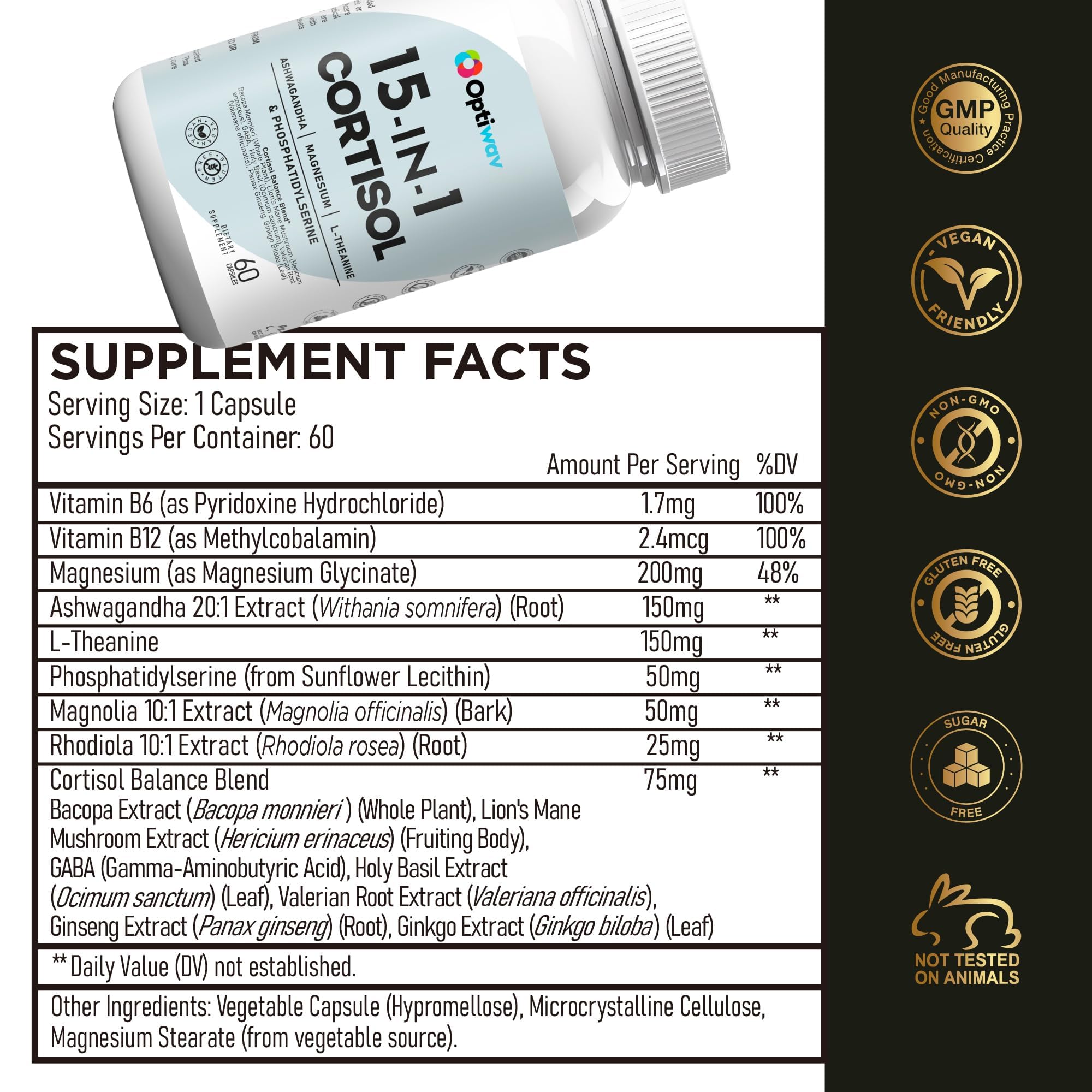 Optiwav Cortisol Reducer Capsules back view showing supplement facts