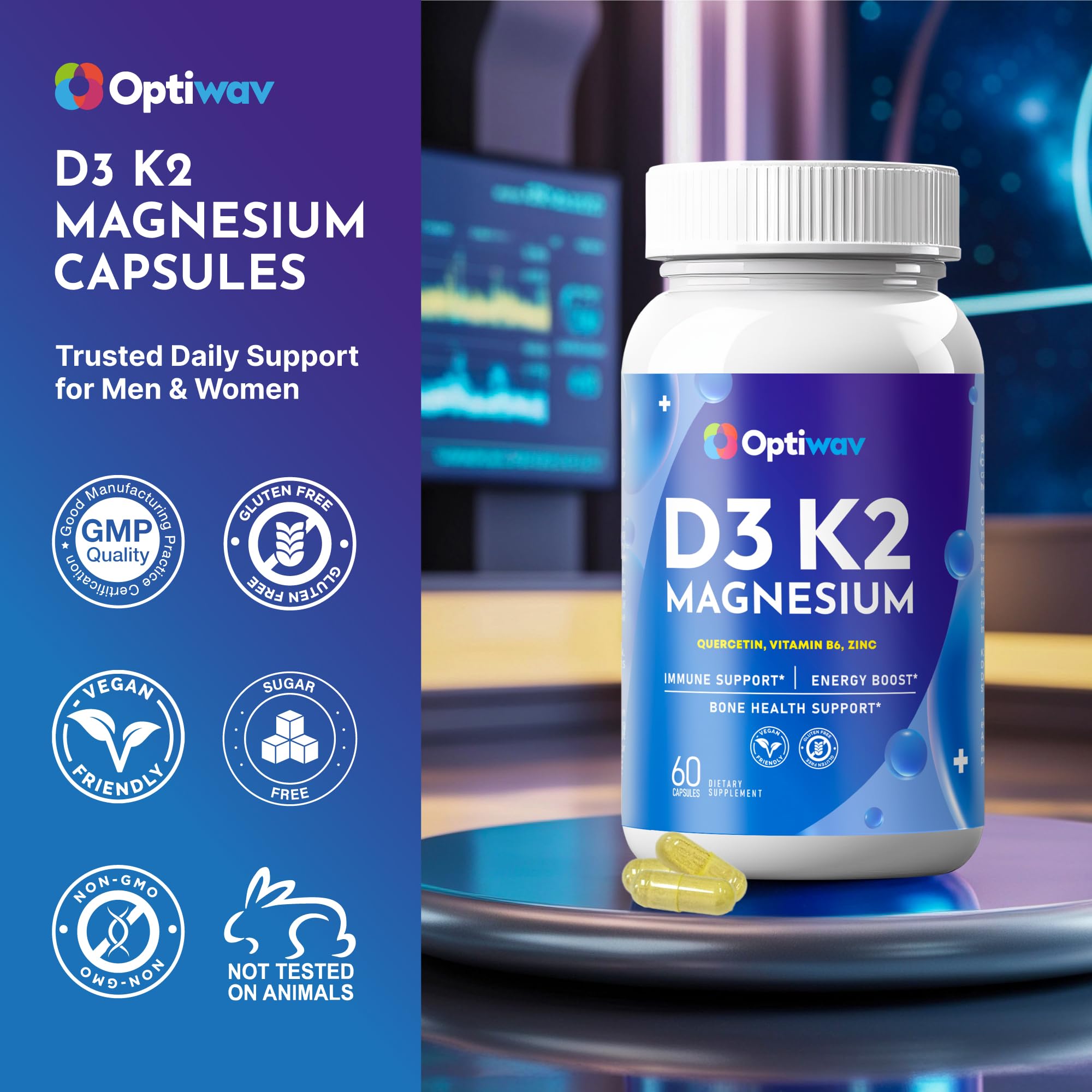 Optiwav D3 K2 Magnesium Capsules close-up of capsules