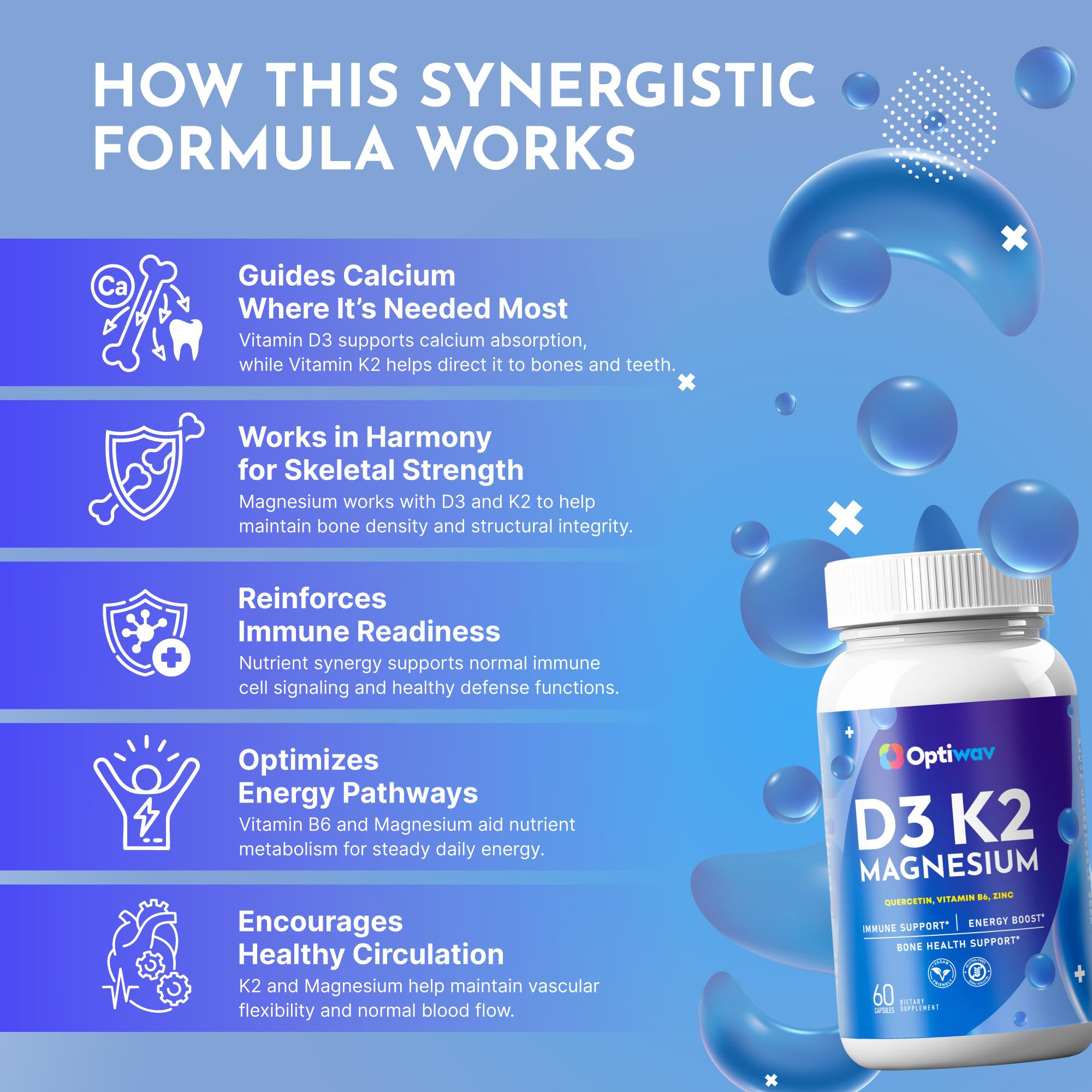 Optiwav D3 K2 Magnesium Capsules on a wooden table