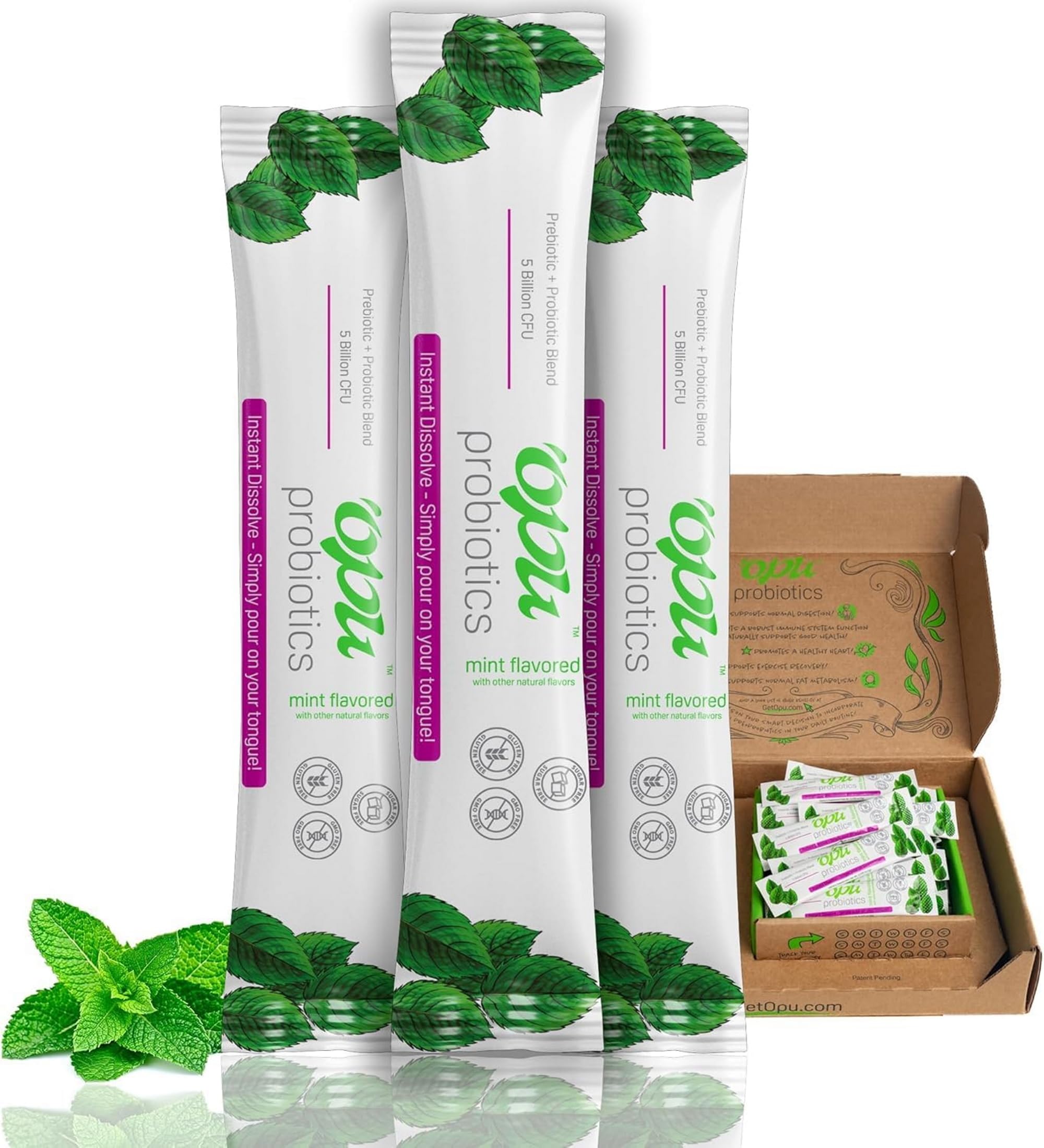 'Opu Probiotics Mint flavour prebiotic + probiotic powder front view