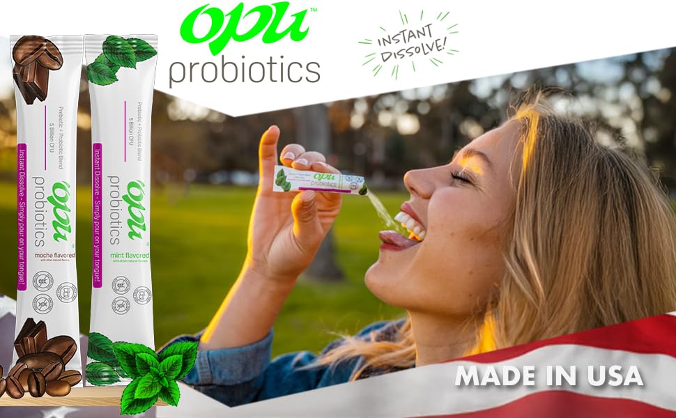'Opu Probiotics packaging showing Mint and Mocha flavours