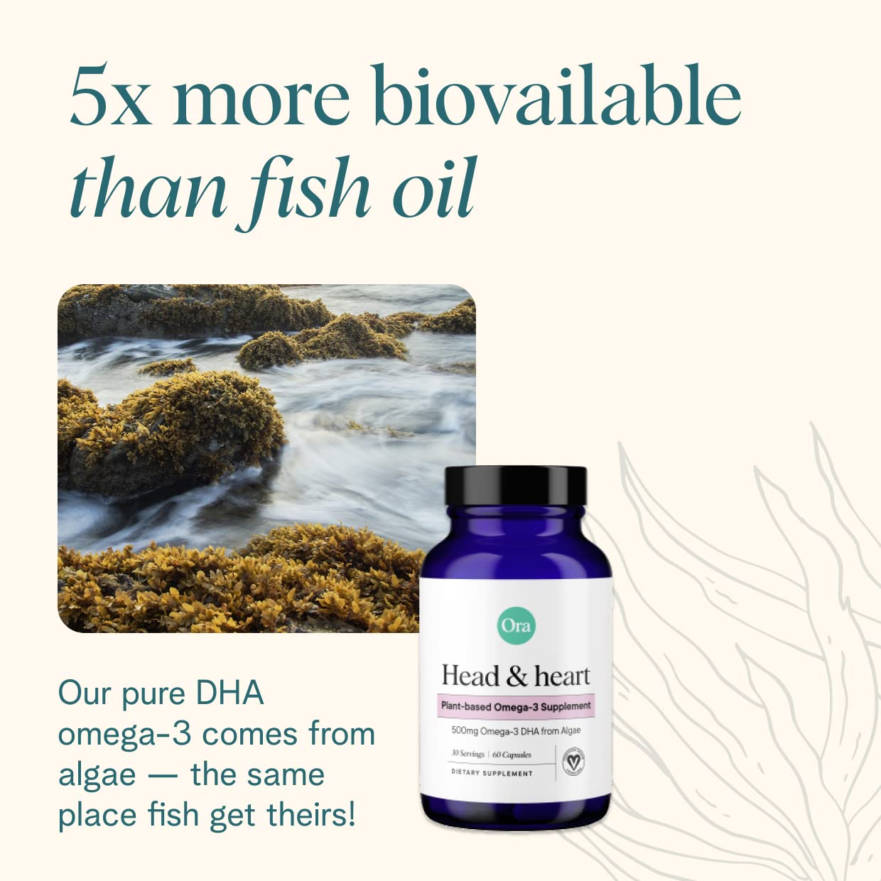 Ora Organic DHA Omega-3 Algae Capsules on a wooden table