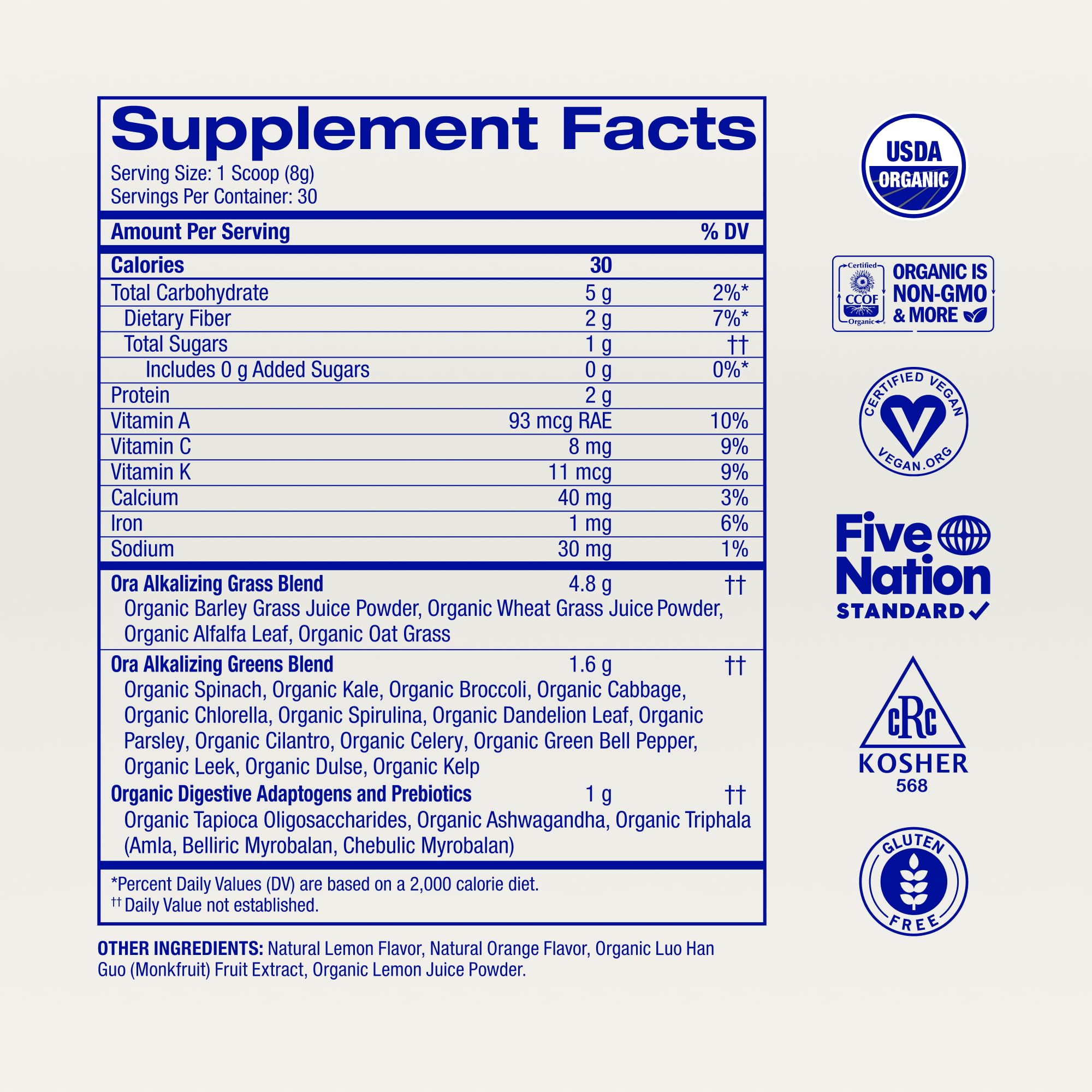 Ora Organic Greens Supplement 340g in a glass with water