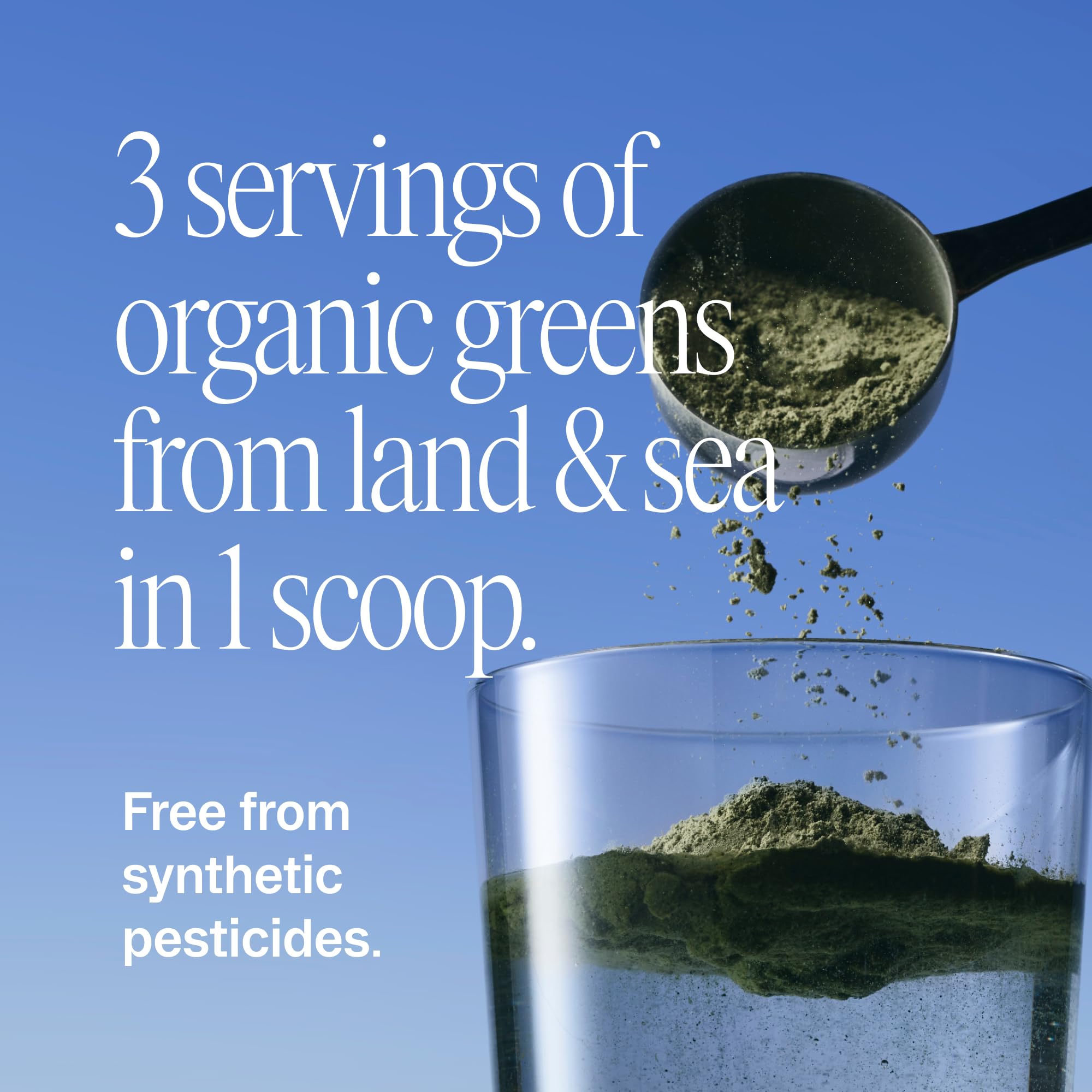 Ora Organic Greens Supplement 340g powder in a bowl with a spoon
