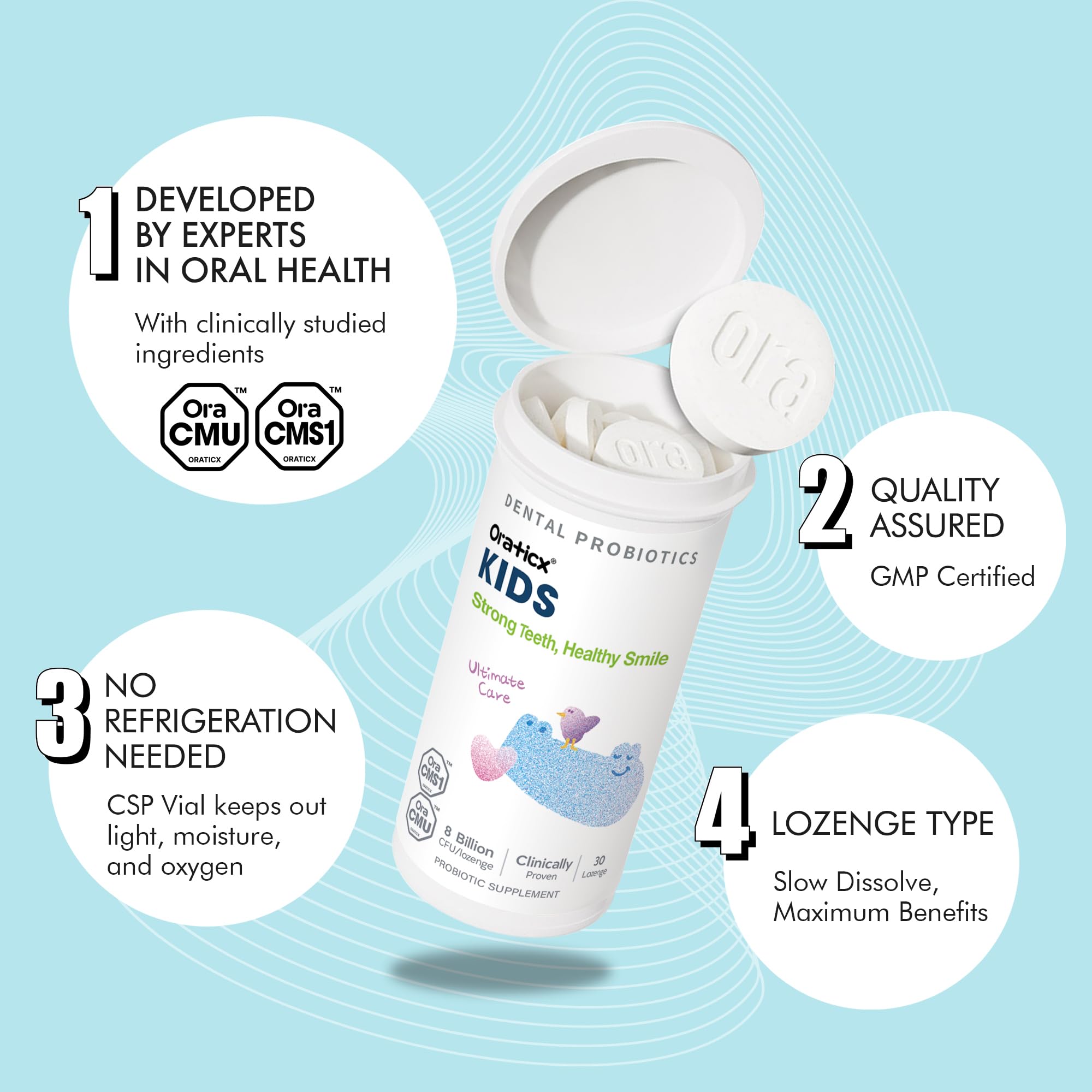 OraTicx Probiotic Tablets side view with dosage information