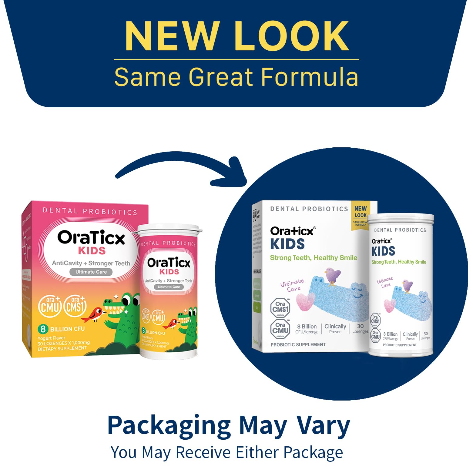 OraTicx Probiotic Tablets with a happy child brushing teeth