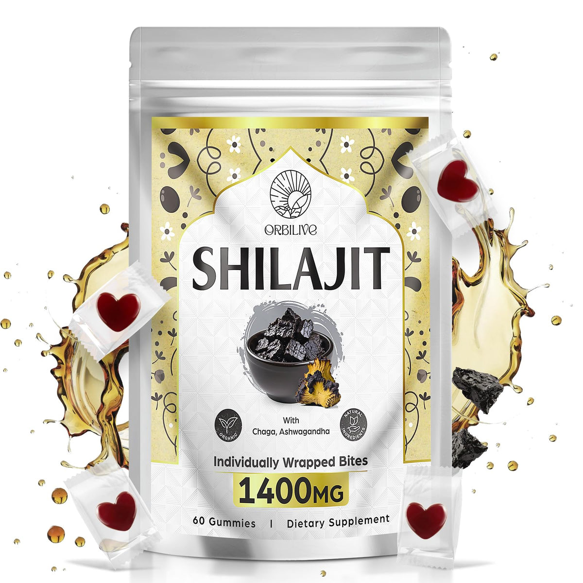 ORBILIVE Gold Shilajit Gummies front view packaging