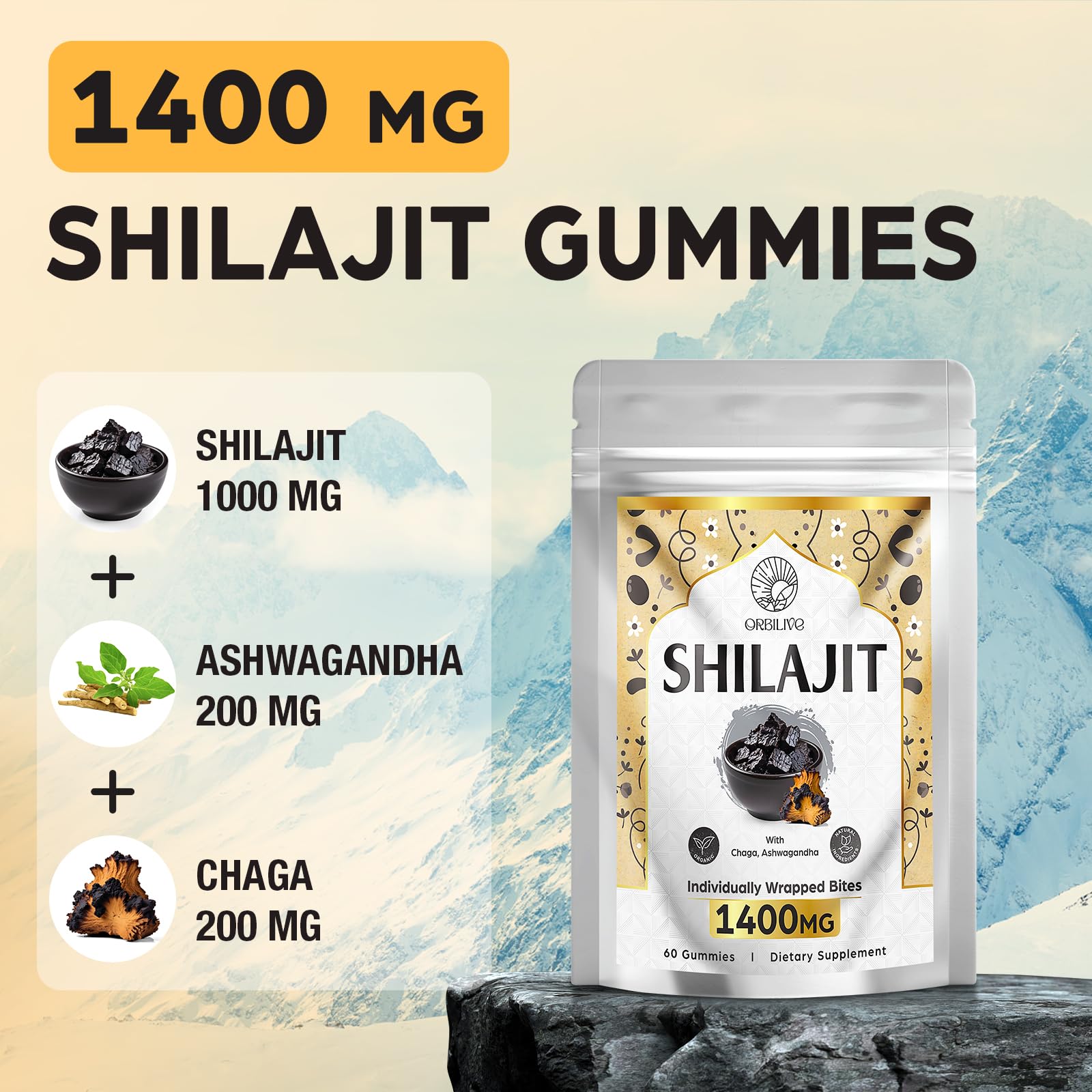 ORBILIVE Gold Shilajit Gummies with Chaga and Ashwagandha ingredients