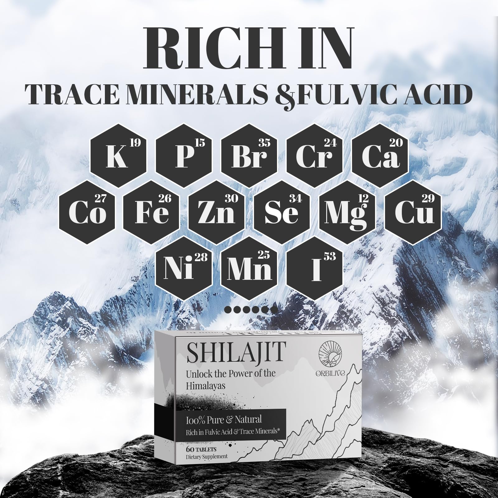 ORBILIVE Shilajit Tablets next to a glass of water