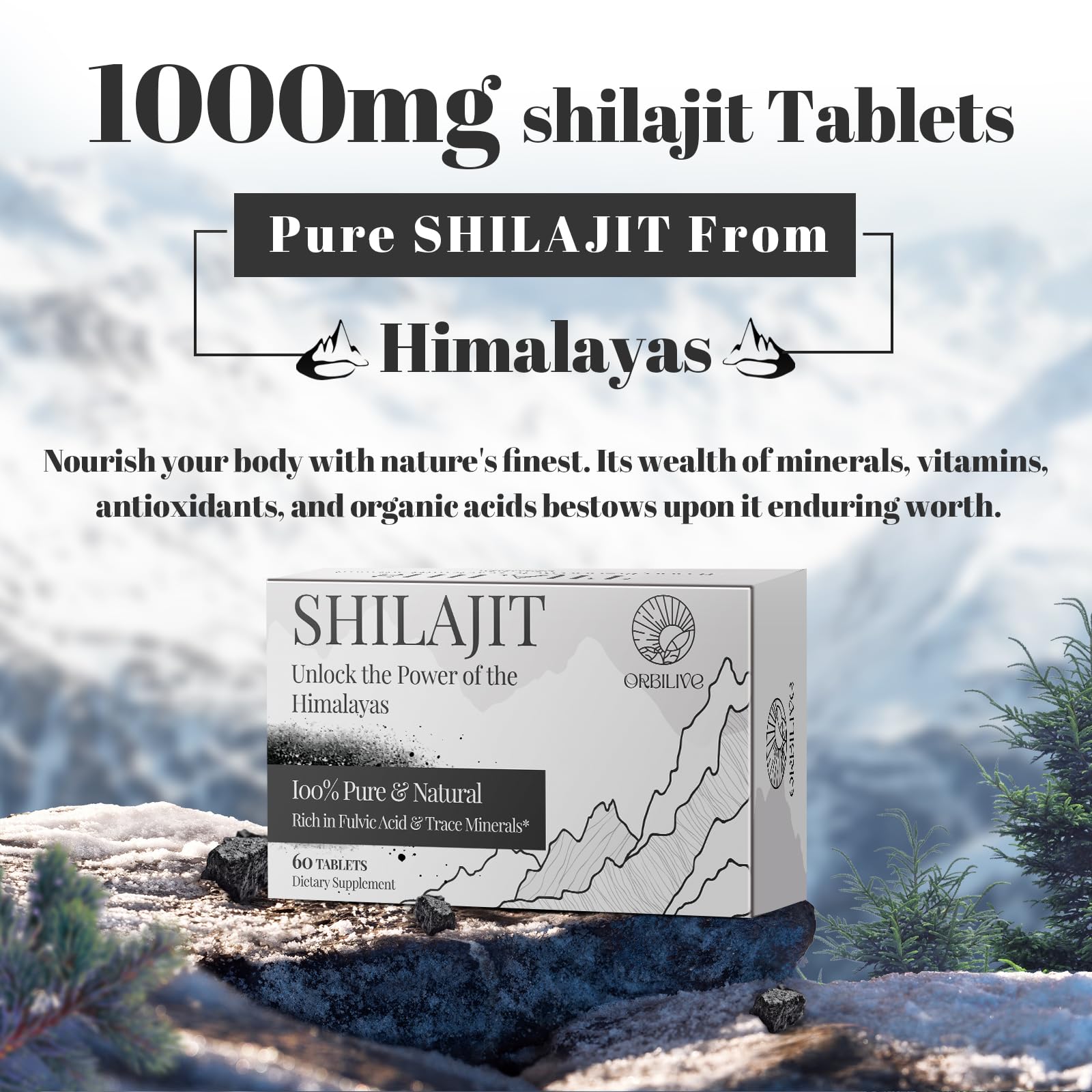 ORBILIVE Shilajit Tablets with natural background