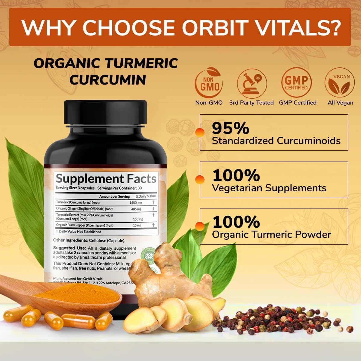Orbit Vitals Organic Turmeric Capsules open bottle showing capsules