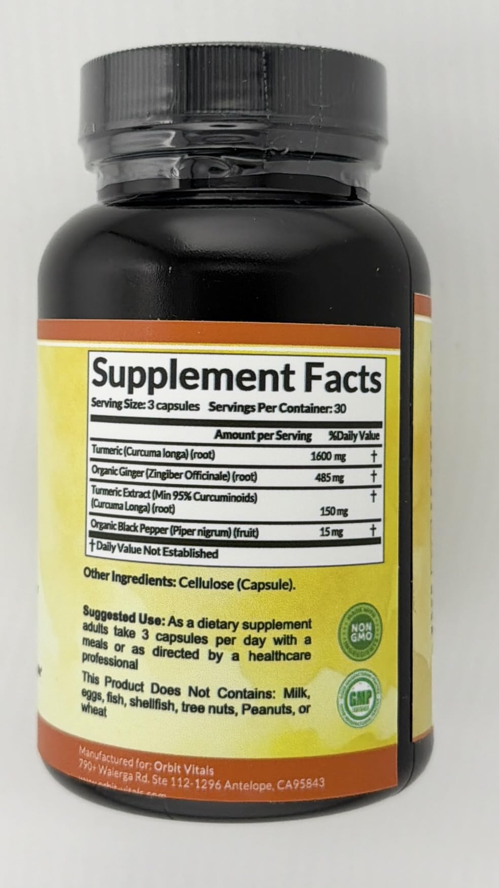 Orbit Vitals Organic Turmeric Capsules with black pepper and ginger ingredients