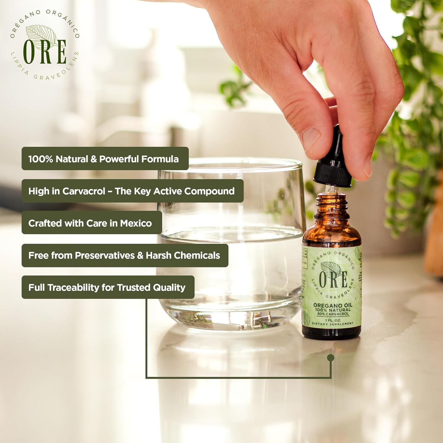 ORE Mexican Oregano Oil 30ml dropper bottle in lifestyle setting