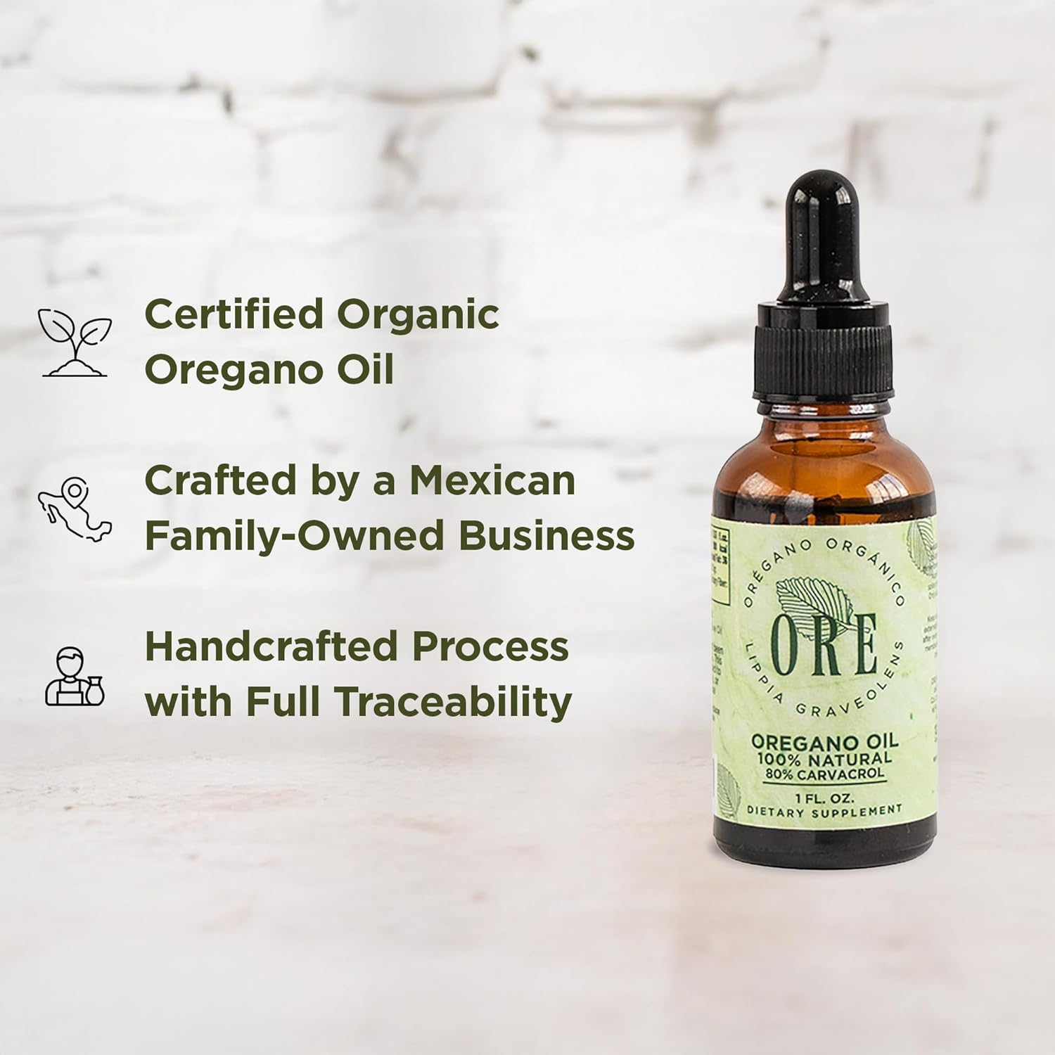 ORE Mexican Oregano Oil 30ml dropper bottle on wooden surface