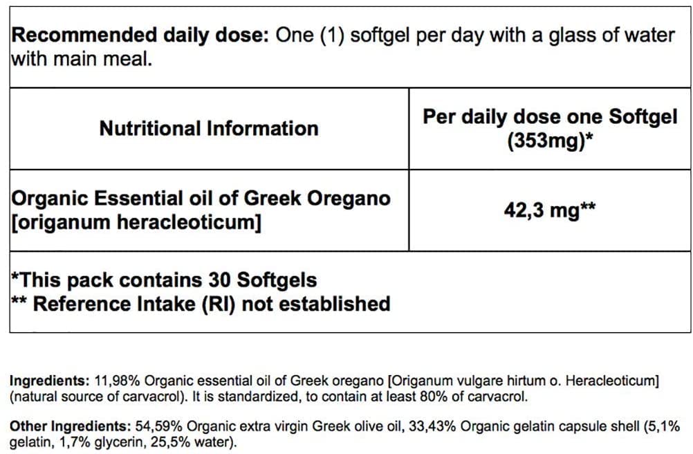 Oreganic Organic Oregano Oil Softgels with ingredients list