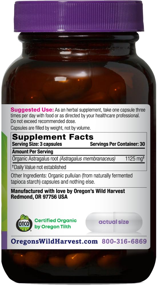 Oregon's Wild Harvest Astragalus Root Capsules 1125mg side view