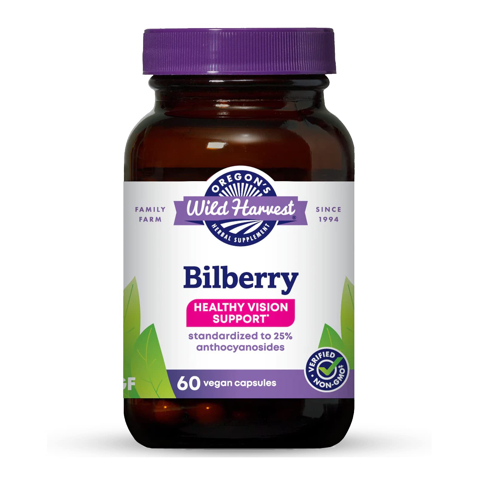 Oregon's Wild Harvest Bilberry Capsules front view with packaging