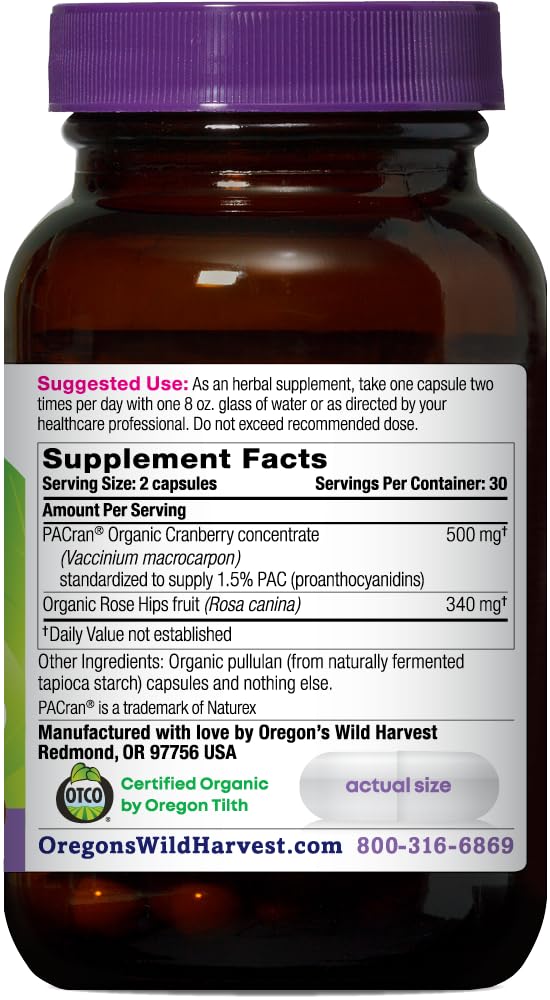 Oregon's Wild Harvest Cranberry PACran 60 Capsules side view