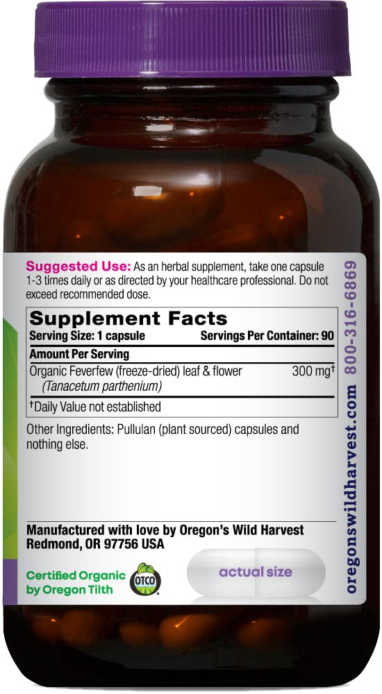 Oregon's Wild Harvest Feverfew Capsules 23g back view with ingredient list