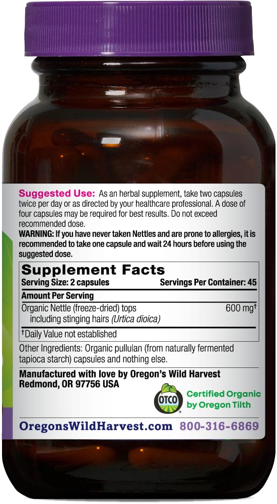 Oregon's Wild Harvest Freeze-Dried Nettle 600mg Capsules side view