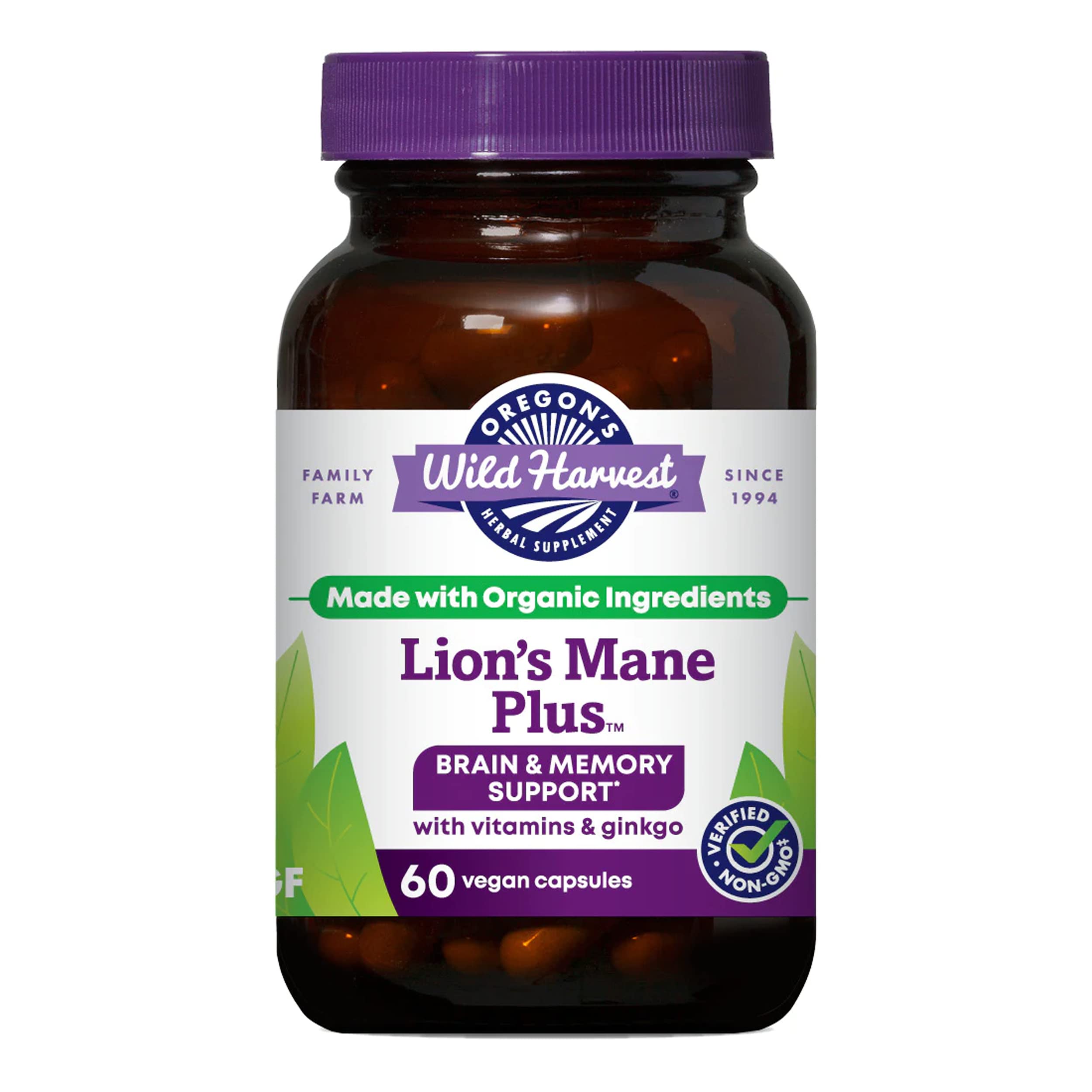 Oregon's Wild Harvest Ginkgo Biloba & Lion's Mane Capsules 60ct front view