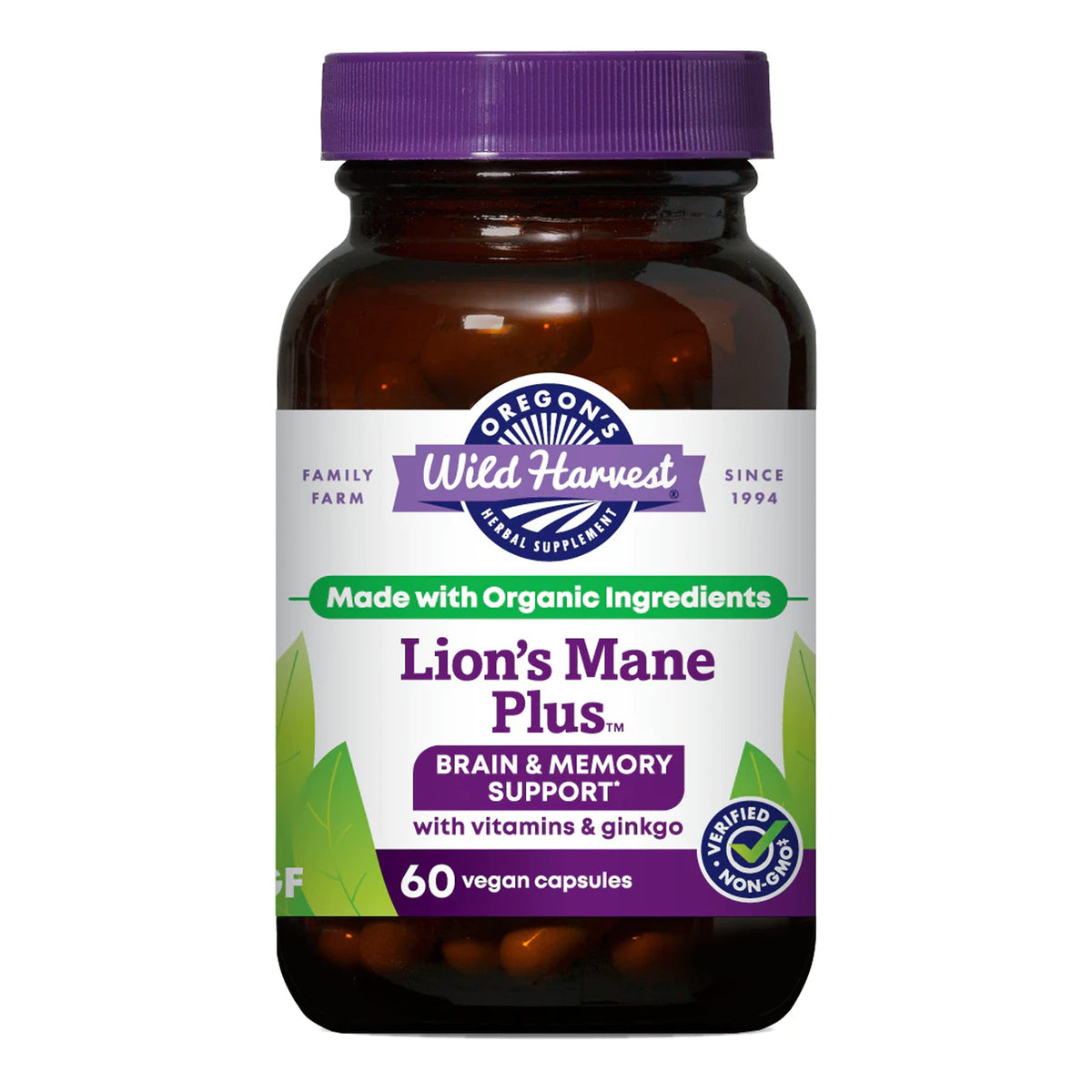 Oregon's Wild Harvest Ginkgo Biloba & Lion's Mane Capsules 60ct front view