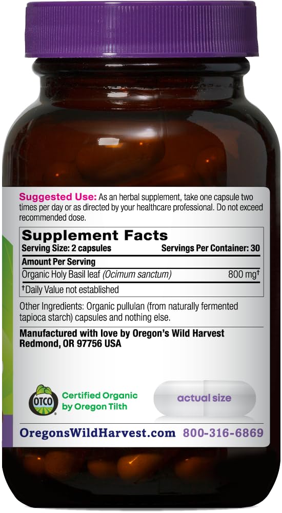 Oregon's Wild Harvest Holy Basil Capsules 800mg side view