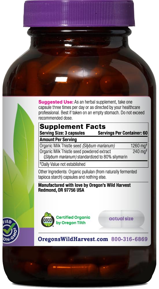 Oregon's Wild Harvest Milk Thistle 180ct vegan capsules side view